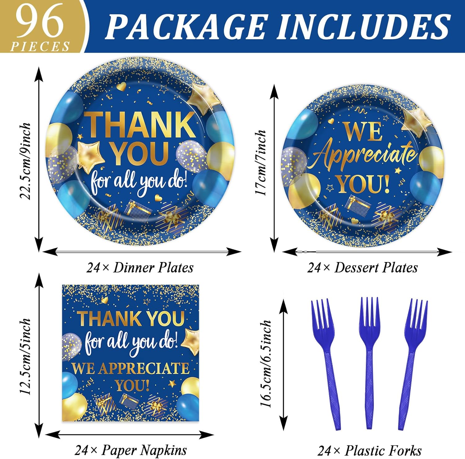 96Pcs Thank You Party Decorations We Appreciate You Plates and Napkins, Blue Gold Appreciation Paper Plates for Teachers Employee Staff Pastor Volunteer, Retirement Party Decor Serve 24 - Image 2