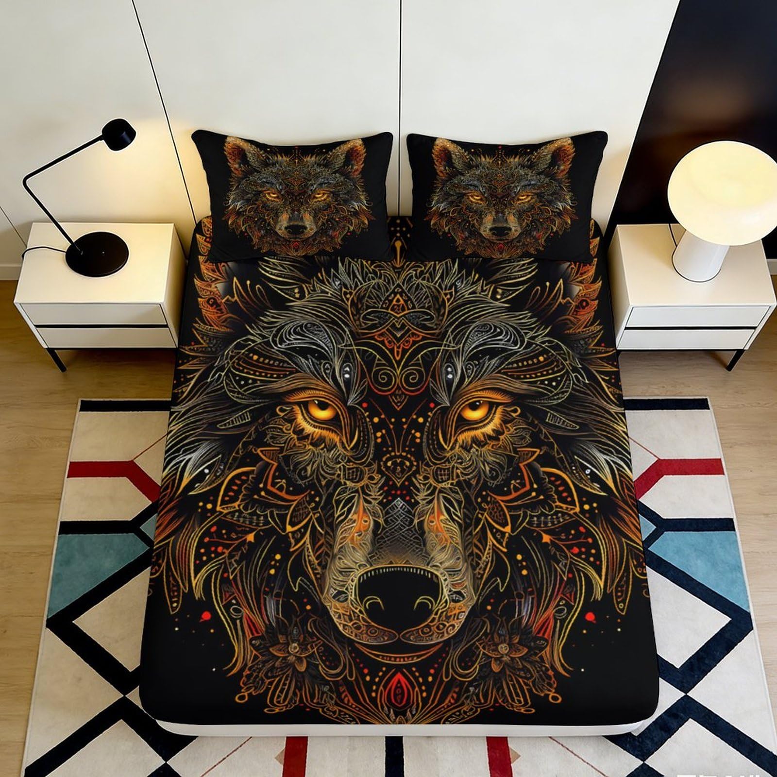 3D Printed Mandala Wolf Fitted Sheet Microfiber Non-Slip Mattress Cover for Bedroom Dorm Decor, Machine Washable 140x200x25cm