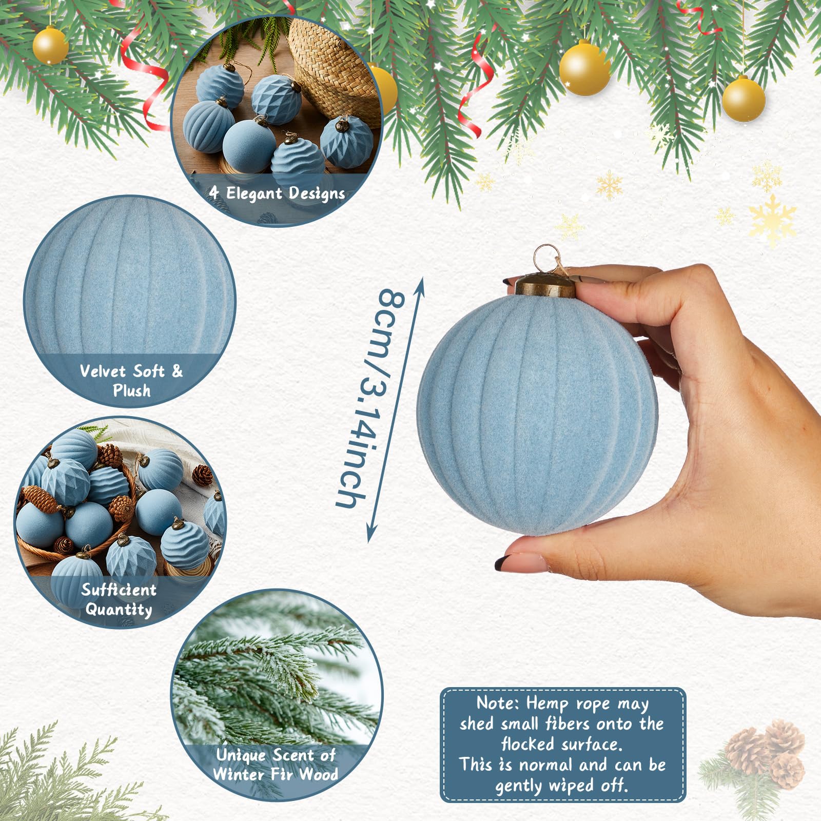 12 palline di Natale in velluto profumate alla rinfusa con profumo invernale di abete floccato, palline per albero di Natale, palline da appendere, per Natale, vacanze, casa, cortile, decorazioni (blu
