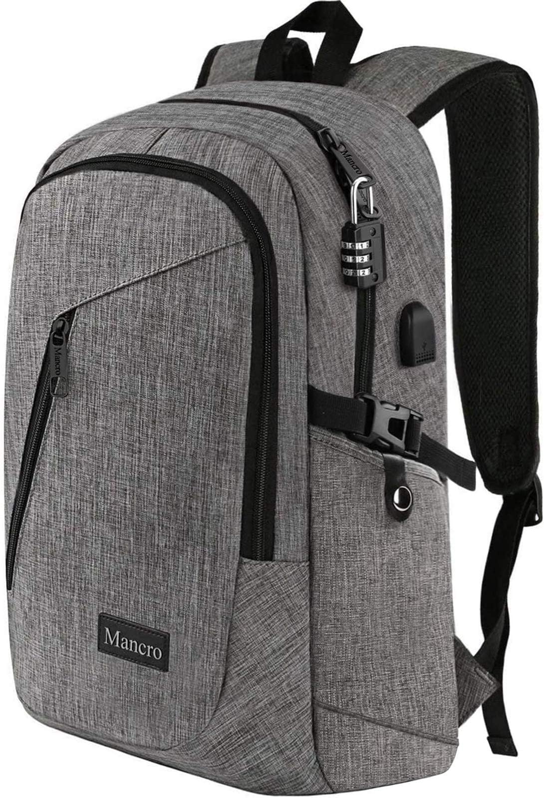 MancroMancro Laptop Backpack 15.6 inch, Anti-Theft Backpack Business School Bag for Men with USB Charging Port & Lock, Water Resistant Travel Anti Theft Bag Gifts for office,School Rucksack,Grey