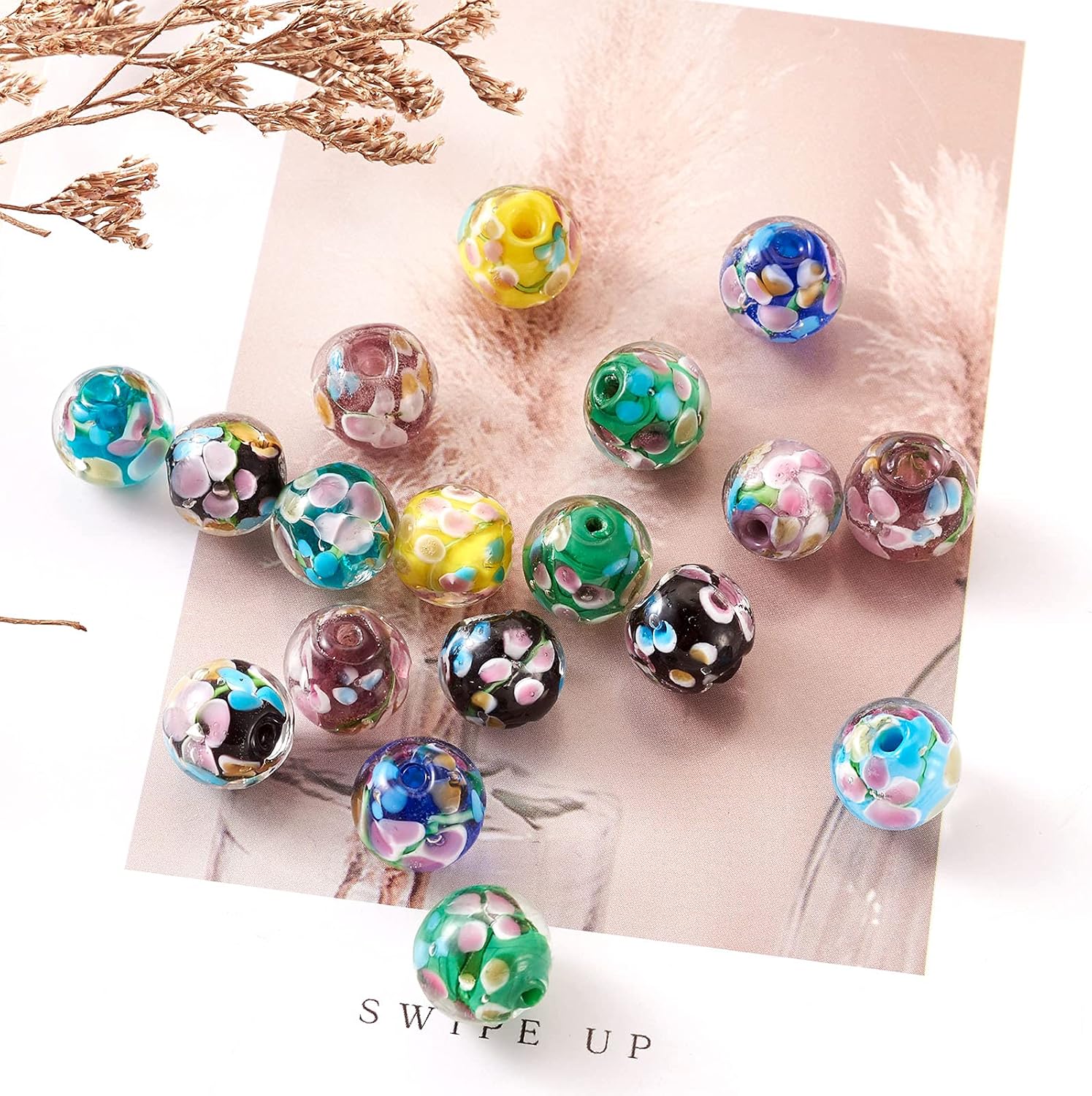 Craftdady 50pcs Handmade Lampwork Round Glass Beads Smooth Rondelle Inner Flower Loose Beads 10 Colors for Bracelets Necklaces Earrings Jewelry Crafts Making