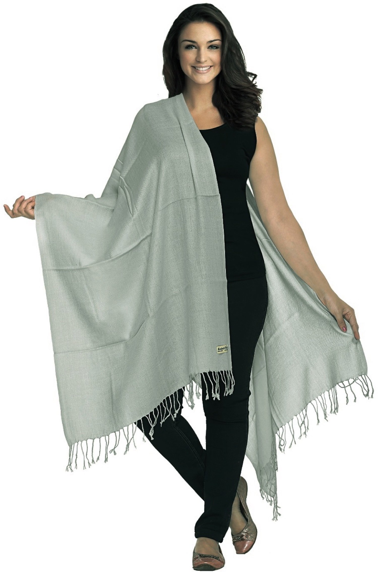 World Of Shawls Women's Light Silver Luxurious Kashmiri 80% Wool 20% Silk Pashmina Shawl Wrap Scarf (Light Silver)