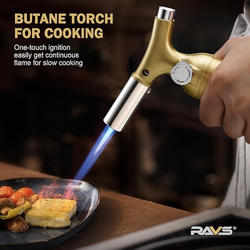 Miniatura 3 de RAVS Encendedor de butano con diseño de cobre sólido, encendedor de antorcha de cocina con llama ajustable, soplete de crema brulee recargable para