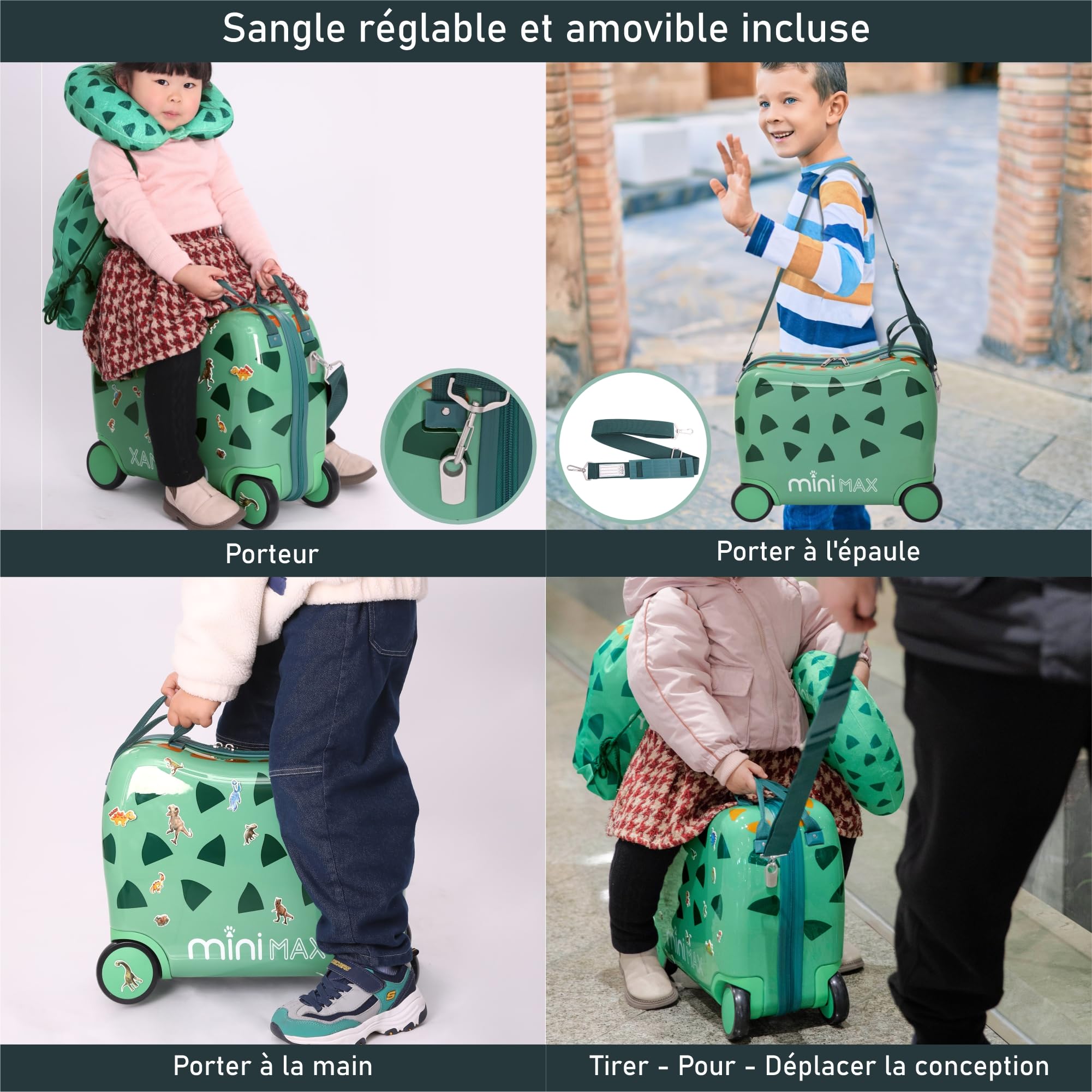 Aerolite Minimax Valise Enfant à 4 roulettes 45x36x20cm - Bagage Cabine pour Enfants 29L Bagage à Main de Voyage à Coque Rigide et 4 Roues - Set de Bagages avec Sac et Oreiller 45x36x20 (Dinosaure)