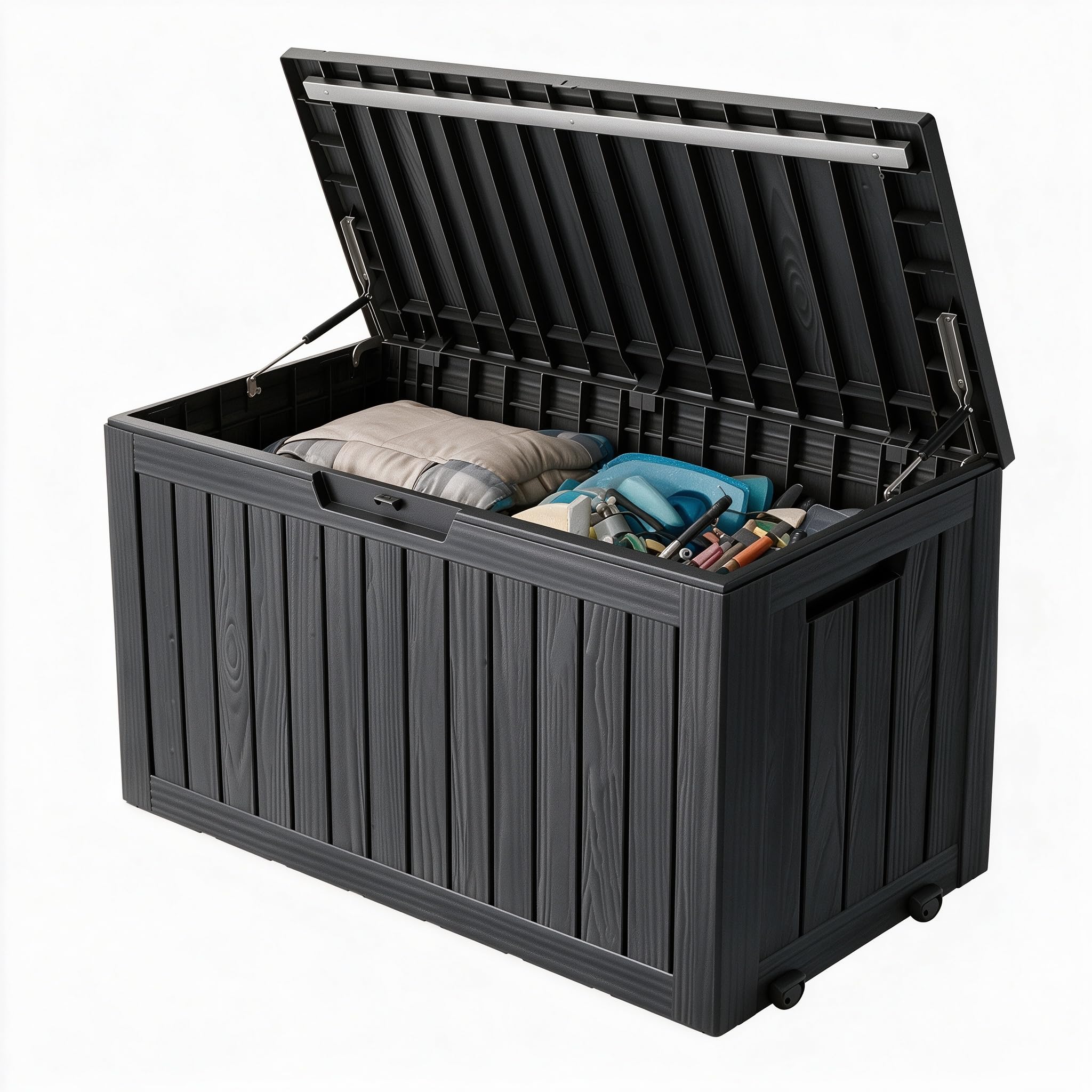 92 Gal Deck Box,Waterproof Resin Outdoor Storage Gas Lift,Lockable Black