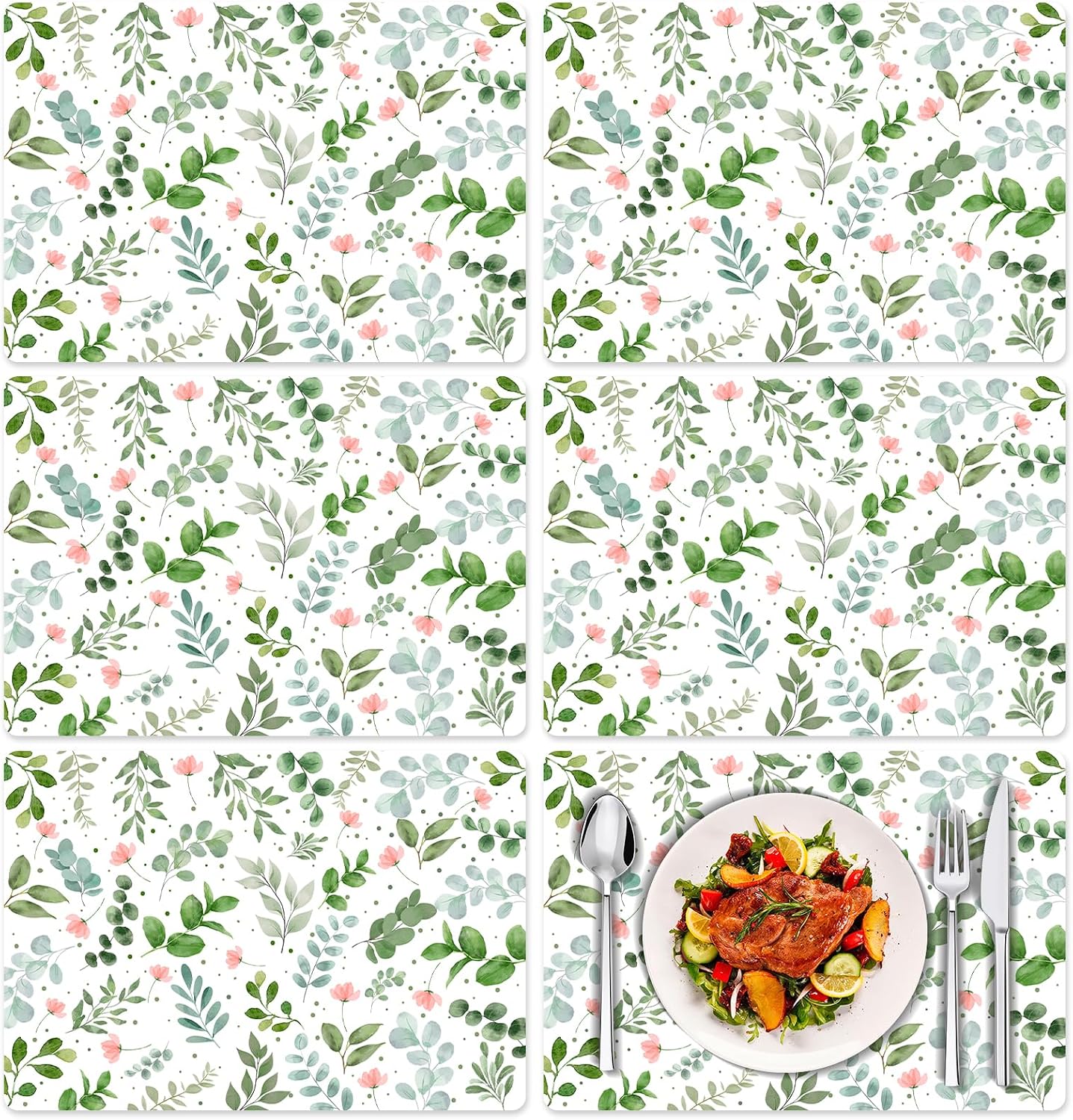 Tarklanda Floral Leaves Plastic Placemats Set of 6, Wipeable Floral Vinyl Table Mats Decorative Spring Summer Wildflower Placemat for Kitchen Dining Wedding Indoor Outdoor Party, 11x15.7 Inch