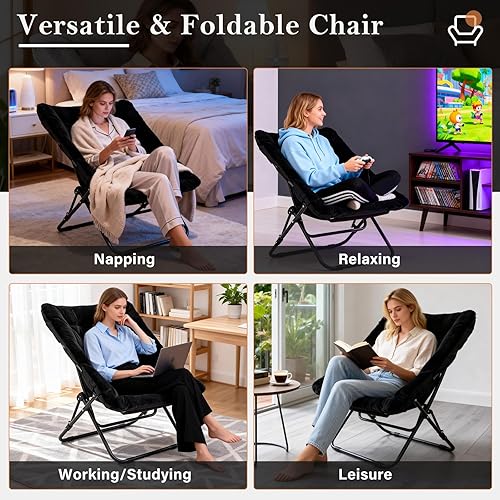 Miniatura 42 de Silla platillo, cómodas sillas de dormitorio, silla plegable de piel sintética de gran tamaño, silla plegable con marco de metal para sala de estar,