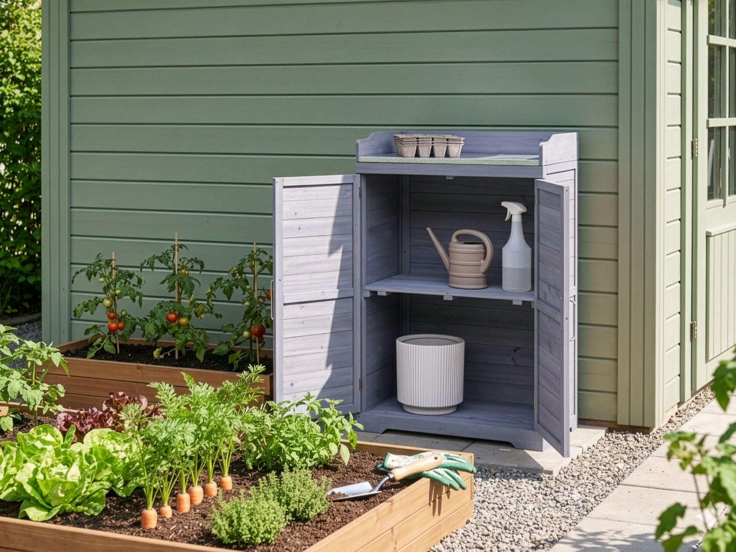 Table de Rempotage de Jardin en Bois de Sapin Meuble d'Extérieur Résistant aux Intempéries Construction Gris Tereville