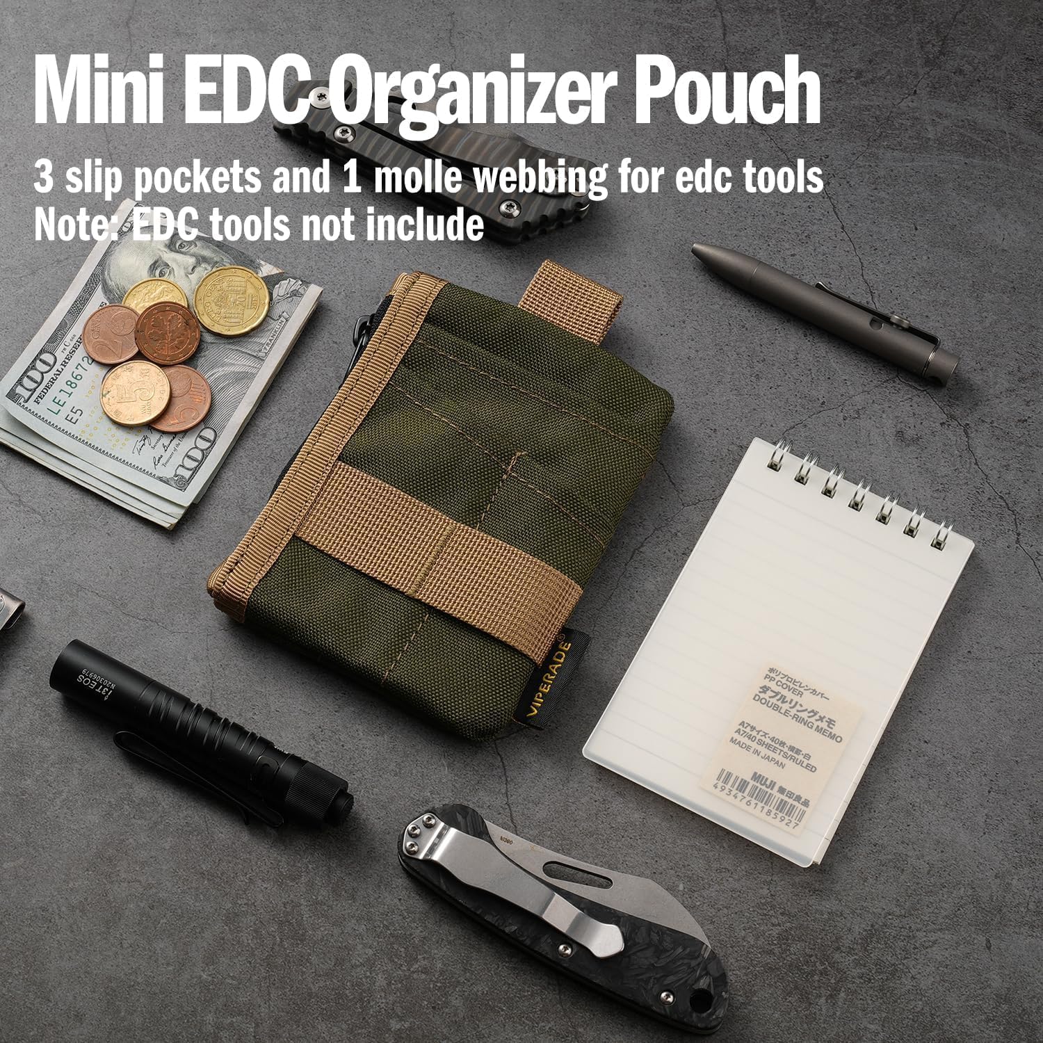 VIPERADE VE28 6-in-1 EDC Pouch, 500D Compact EDC Pocket Organizer, Molle Extension Tool Storage Bag, Small Coin Purse/Card Holder/Swiss Army Knife Pocket Pouch (Green/Tan) - Image 3