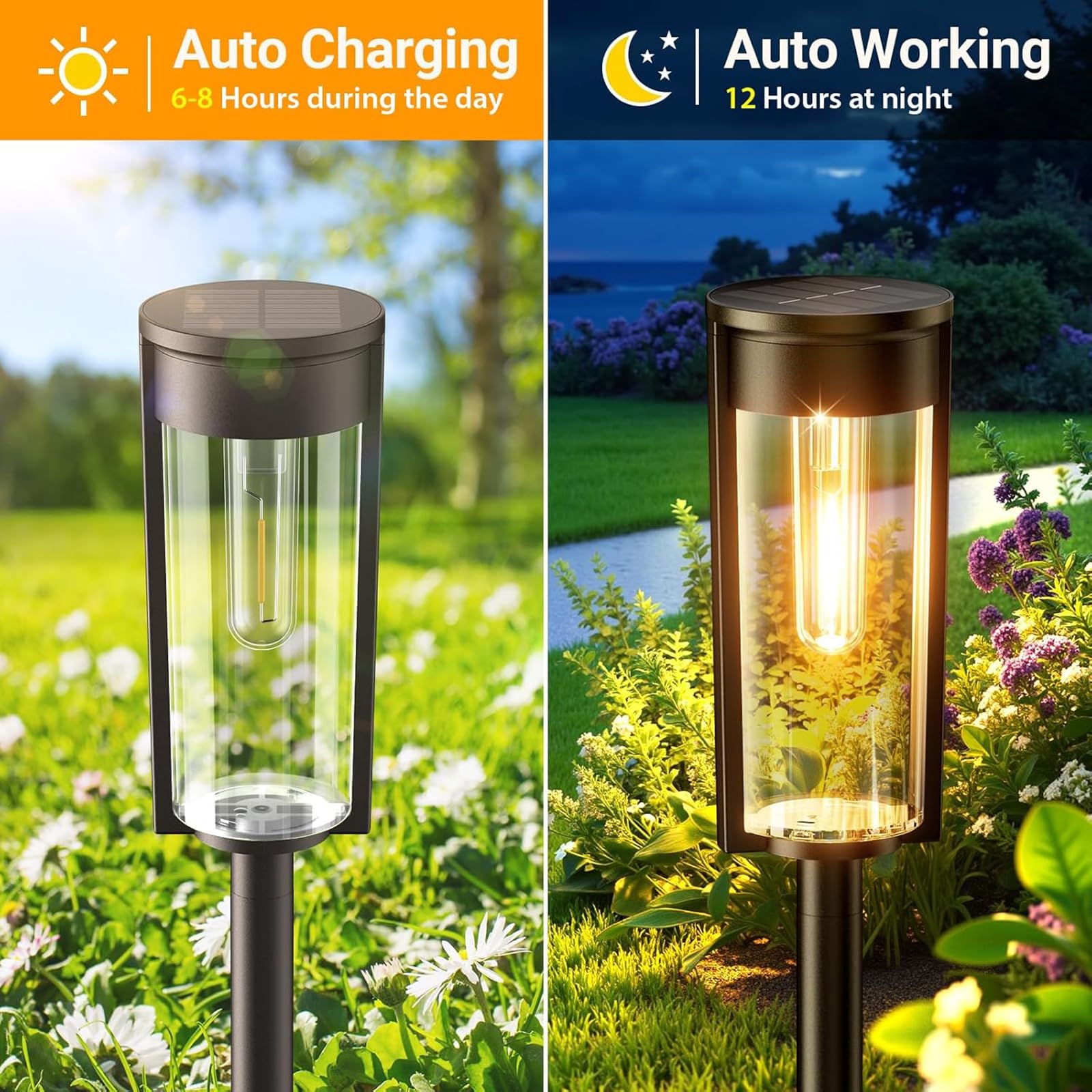 RECHOO Zewnętrzne lampy solarne do ogrodu, 4 sztuki zewnętrznych lamp solarnych w stylu vintage z jasnym ciepłym białym światłem, bateria 1000 mAh, wodoodporna IP65, zewnętrzne lampy słoneczne do