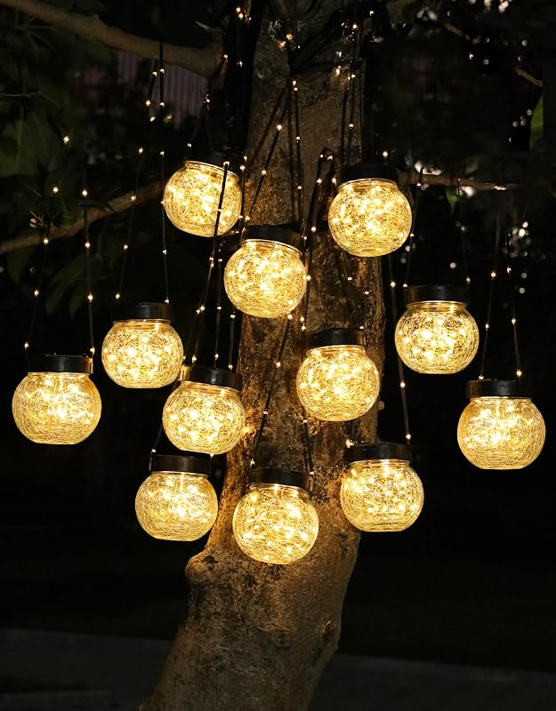 Luces solares para exteriores, impermeables, paquete de 12, farol colgante con energía solar, globos colgantes de vidrio agrietado para decoración de patio, decoración navideña, gancho de pastor, adornos para árboles de jardín, blanco cálido