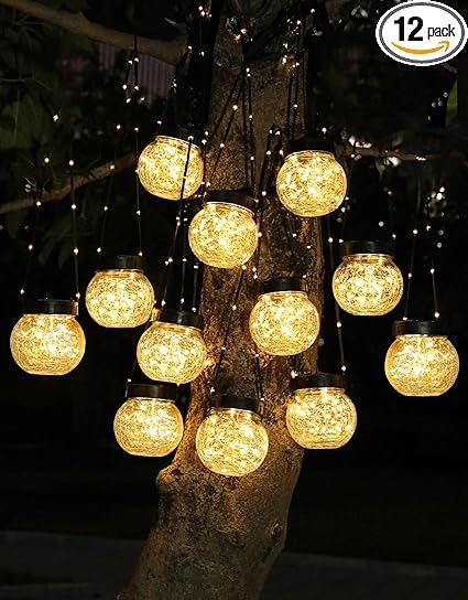 PARTPHONER Solar Lights Outdoor Waterproof 12-Pack, Solar Powered Hanging Lantern Cracked Glass Hanging Globes for Yard Decor Christmas Decoration, Shepherd Hook, Garden Tree Table Ornaments, Warm
