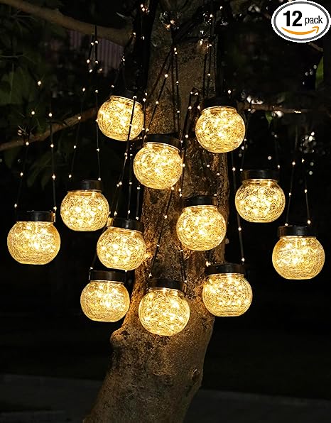 PARTPHONER Solar Lights Outdoor Waterproof 12-Pack, Solar Powered Hanging Lantern Cracked Glass Hanging Globes for Yard Decor Christmas Decoration, Shepherd Hook, Garden Tree Table Ornaments, Warm