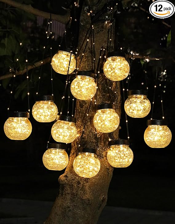 PARTPHONER Solar Lights Outdoor Waterproof 12-Pack, Solar Powered Hanging Lantern Cracked Glass Hanging Globes for Yard Decor Christmas Decoration, Shepherd Hook, Garden Tree Table Ornaments, Warm