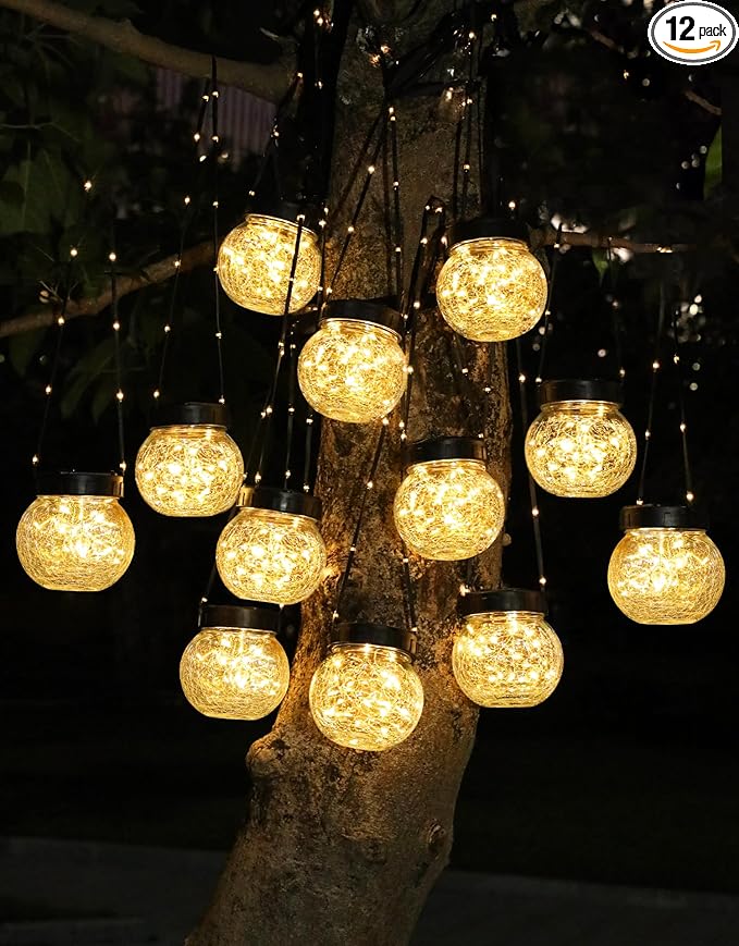 PARTPHONER Solar Lights Outdoor Waterproof 12-Pack, Solar Powered Hanging Lantern Cracked Glass Hanging Globes for Yard Decor Christmas Decoration, Shepherd Hook, Garden Tree Table Ornaments, Warm