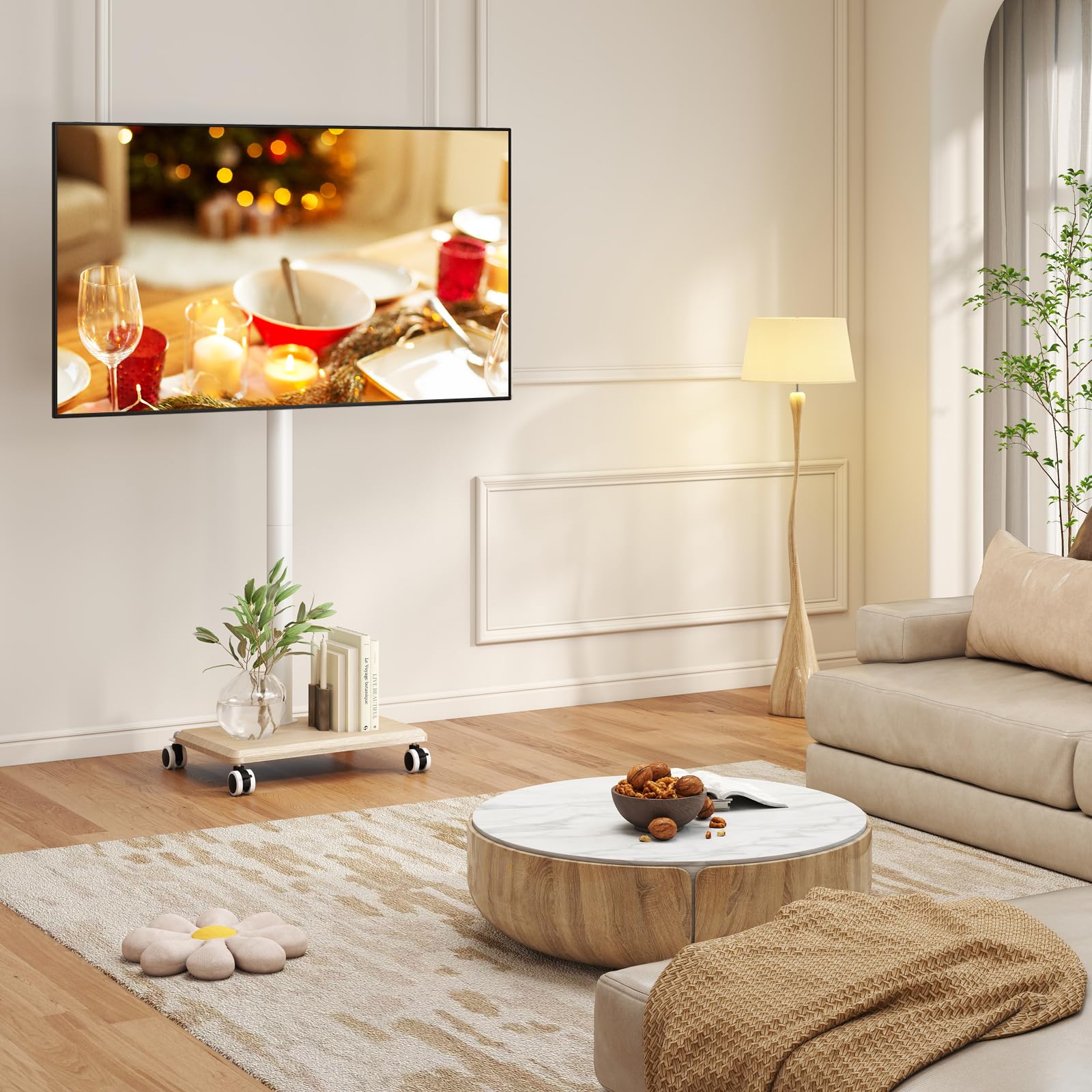 5Rcom Carrello Porta TV con Ruote per TV da 27-55 Pollici, Supporto TV da Pavimento Regolabile in Altezza e Girevole con Base in Legno - VESA Max 400x400mm, Portata Massima 30kg (Beige)