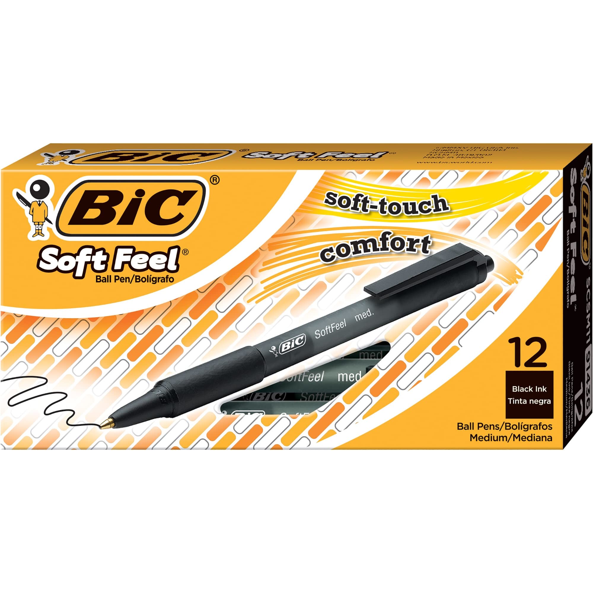 Bic Soft Feel Ballpoint Pens, Retractable Black Pens, Ideal for School, Medium Point (1.0mm), Pack of 12 8373971