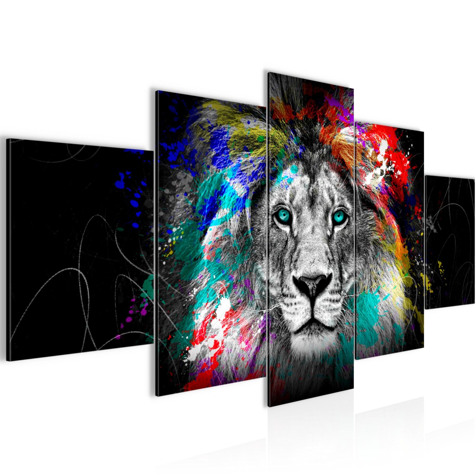 Runa Art Lion Abstrait Tableau Murale Impression sur Toile Intissee 5 Parties Graffiti Noir Coloré Chambre Salle 039453a