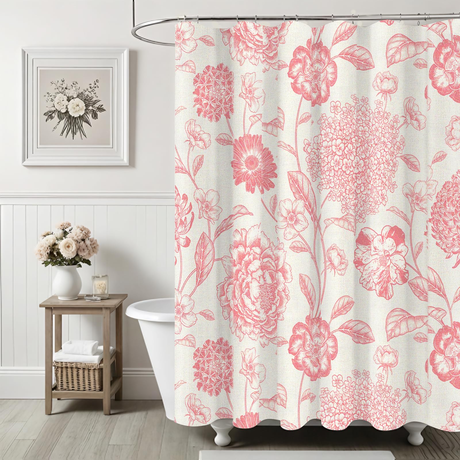 Ksriylm Pink 2 Floral Fabric Shower Curtain With 180*180Cm, Linen Bathroom Curtains With 12 Hooks, Water Mould Proof Bathtub Curtain Washable & Quick Dry