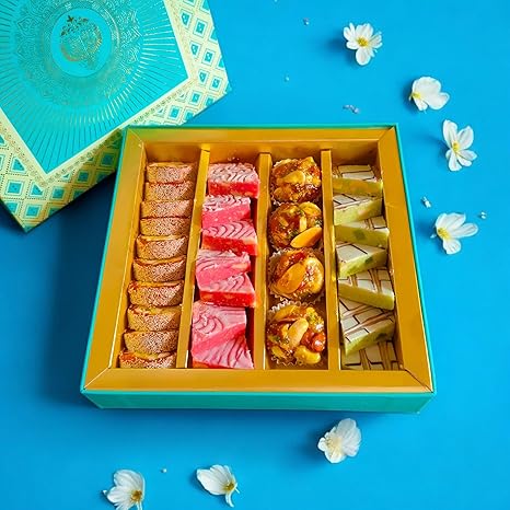 Desi Mithas from SweeDesi | Sweet Hamper for Every Occasion | Birthday, Holi, Rakhi, New Year, Christmas, Anniversary | Desi Ghee Sweets | Assorted Sweets Hamper - Anjeer Roll, Strawberry Kaju Katli, Roasted Dry Fruit Laddu, Kiwi Kaju Katli | Shark Tank India Brand
