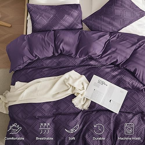 Miniatura 3 de JELLYMONIJuego de funda de edredón morado, queen, de microfibra estilo capitoné, texturizado, bohemio, patrón geométrico de rombos jacquard con