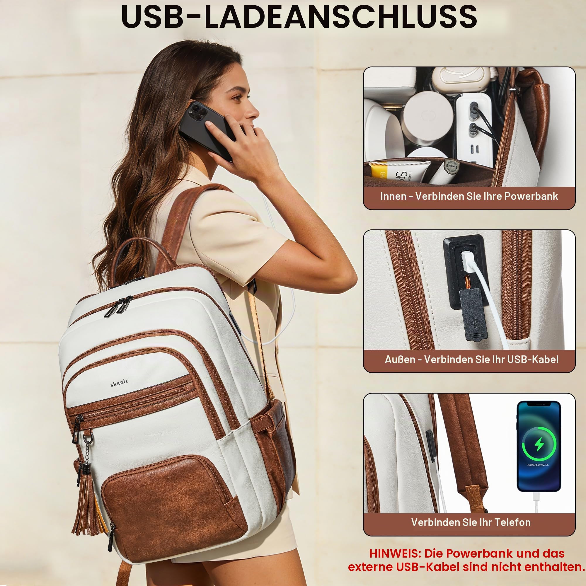 Shrrie 17 Zoll Laptop Rucksack für Frauen, Vegan Leder Rucksack Tasche, 28L Arbeit Business College Reise Computer Rucksäcke mit Tasche Tasche für große Kapazität Tasse & USB-Ladegerät
