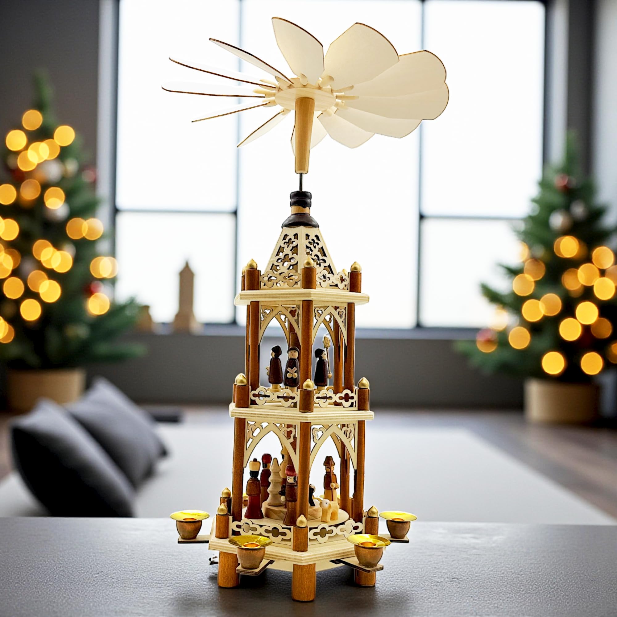 Wichtelstube-Kollektion Weihnachtspyramide Christi Geburt 3 Etagen Original 6 Pyramidenkerzen hochwertig Weihnachtsdeko Holz sehr leichtgängig Höhe 43cm