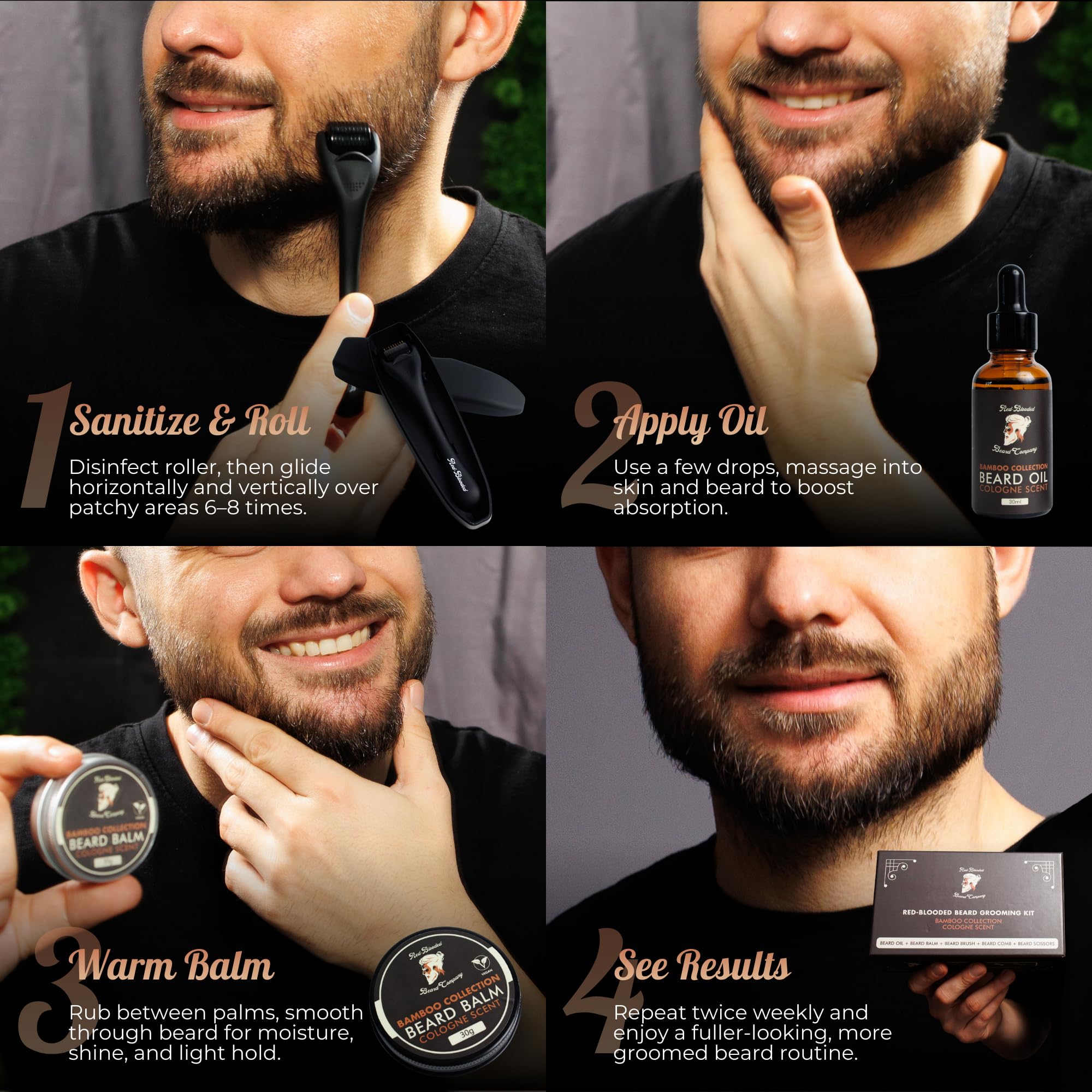 Red-Blooded Kit Crescita Barba Uomo - Beard Roller + Olio barba + Balsamo Barba | Stimolare La Crescita Della Barba | Kit Barba Uomo Professionale | Set Barba Uomo Regalo | Dermaroller Barba