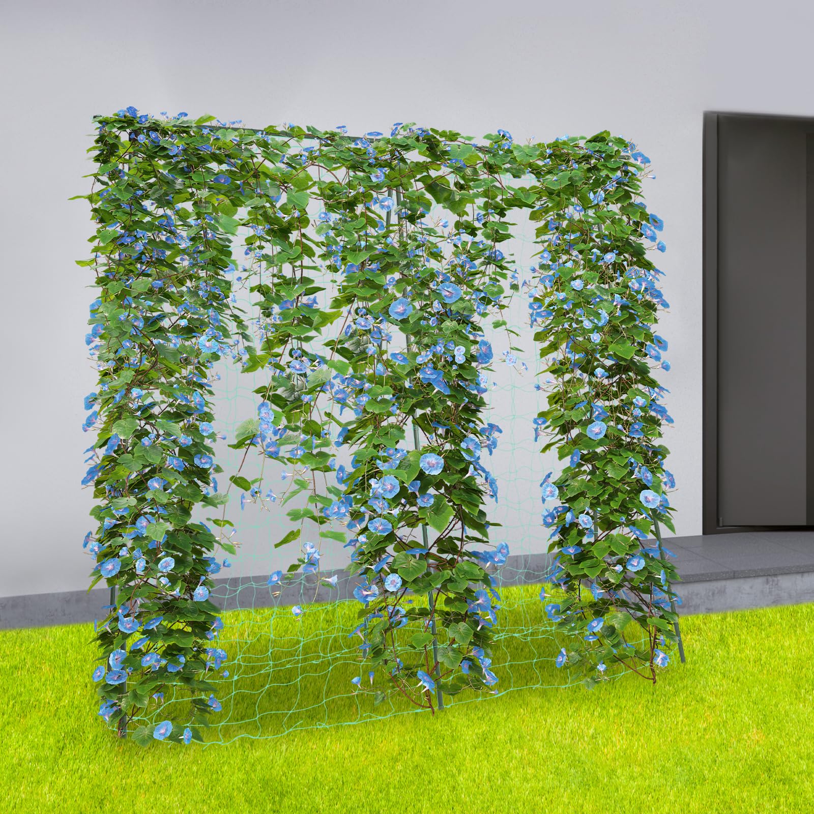 OUKANING Griglia a forma di A con rete da arrampicata 180 x 180 cm, stabile griglia in acciaio rivestito in PE per pomodori, viti, salvaspazio, con scanalature antiscivolo e tappi di protezione