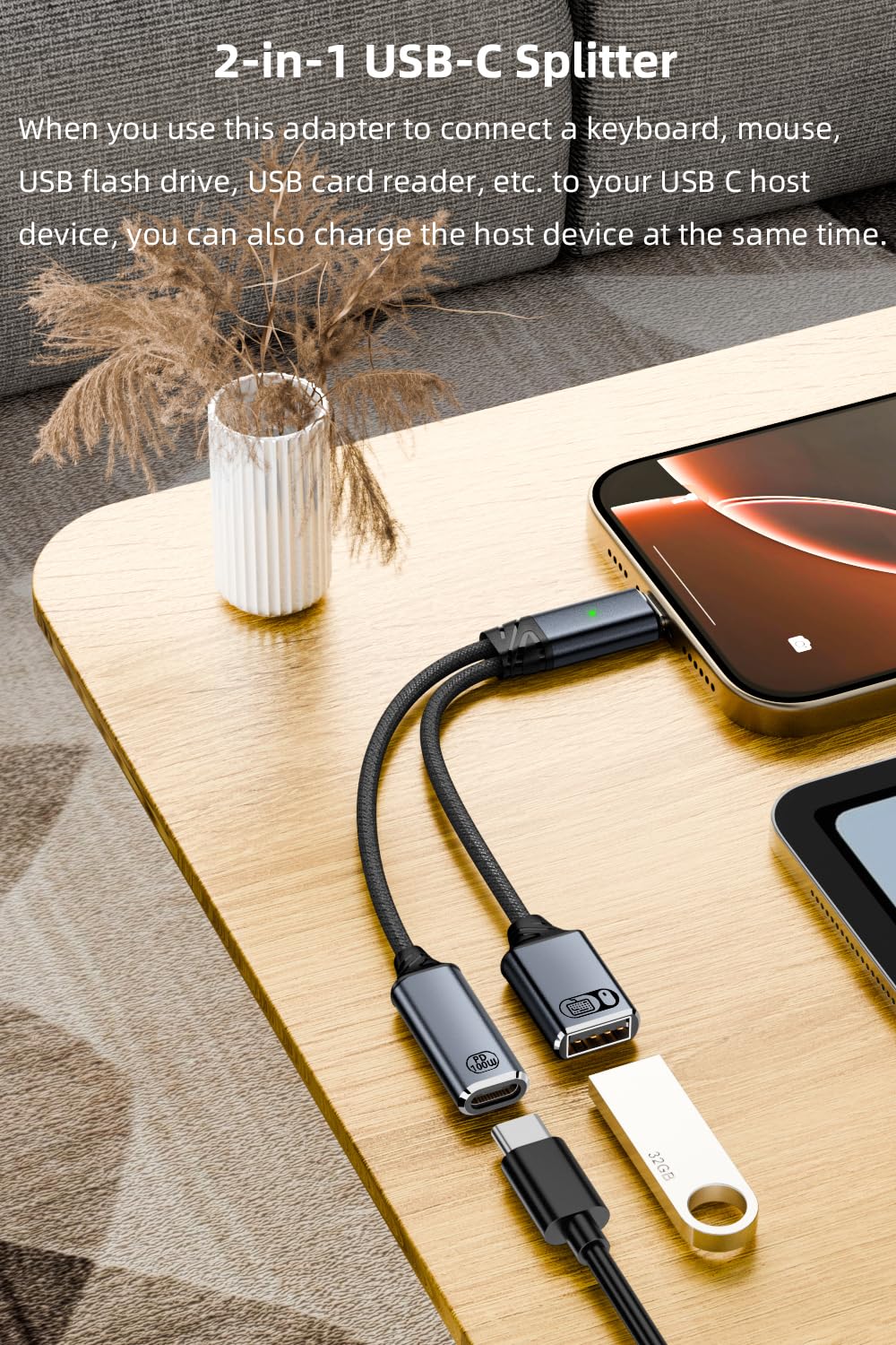 Jadebones Kabel USB C na USB OTG i adapter ładowarki, rozdzielacz USB-C 2 w 1 z szybkim ładowaniem 100 W do iPhone'a serii 16/15, iPada, MacBooka, Galaxy S24/S23 i innych