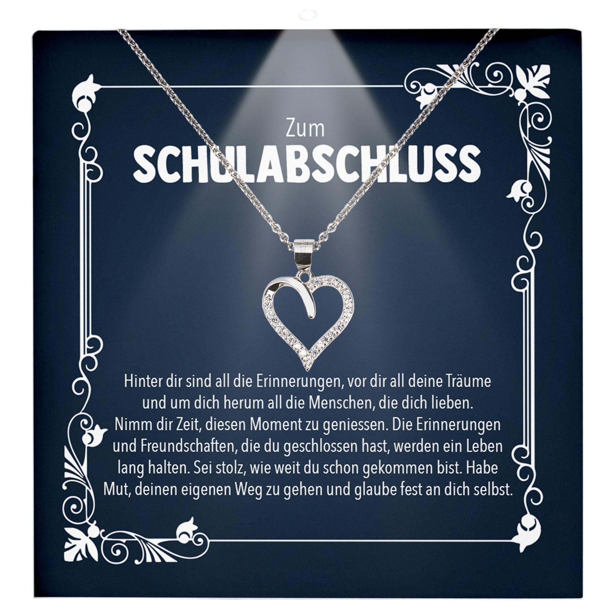 Mädchen Schulabschluss Geschenk Abitur - Frauen Silber 925 Herz Halskette - Abiturientin Glückwunsch Frauen Schmuck Realschule Gymnasium - Karte Premium LED Licht Etui