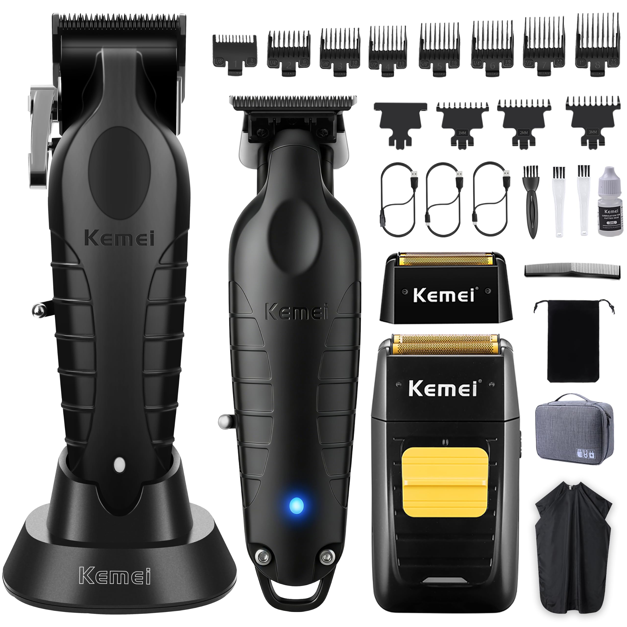 KEMEI set de cortapelos hombre 3 en 1, recortadora de barba inalámbrica | afeitadora eléctrica con cabezas y redes de repuesto, set profesional de barbería para peinado y barba caseros en casa