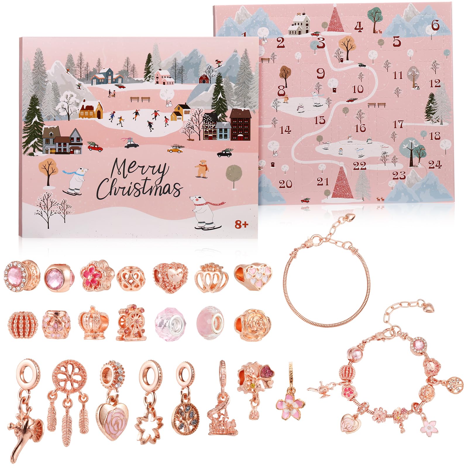 LEMESO Calendario Avvento 2025 Bambina, Calendario Avvento Ragazza Braccialetti Fai da Te, Gioielli per Bambine 6 7 8 9 10 11 12 13 Anni, Regalo Natale (Oro Rosa)