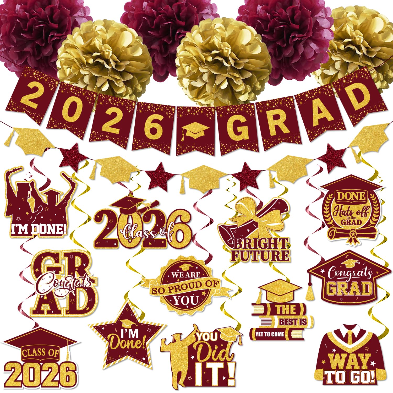 Maroon Graduation Decorations 2026, 2026 Grad Banner and Congrats Grad Hanging Swirls, Maroon and Gold Graduation Banner Graduations Hanging Swirls