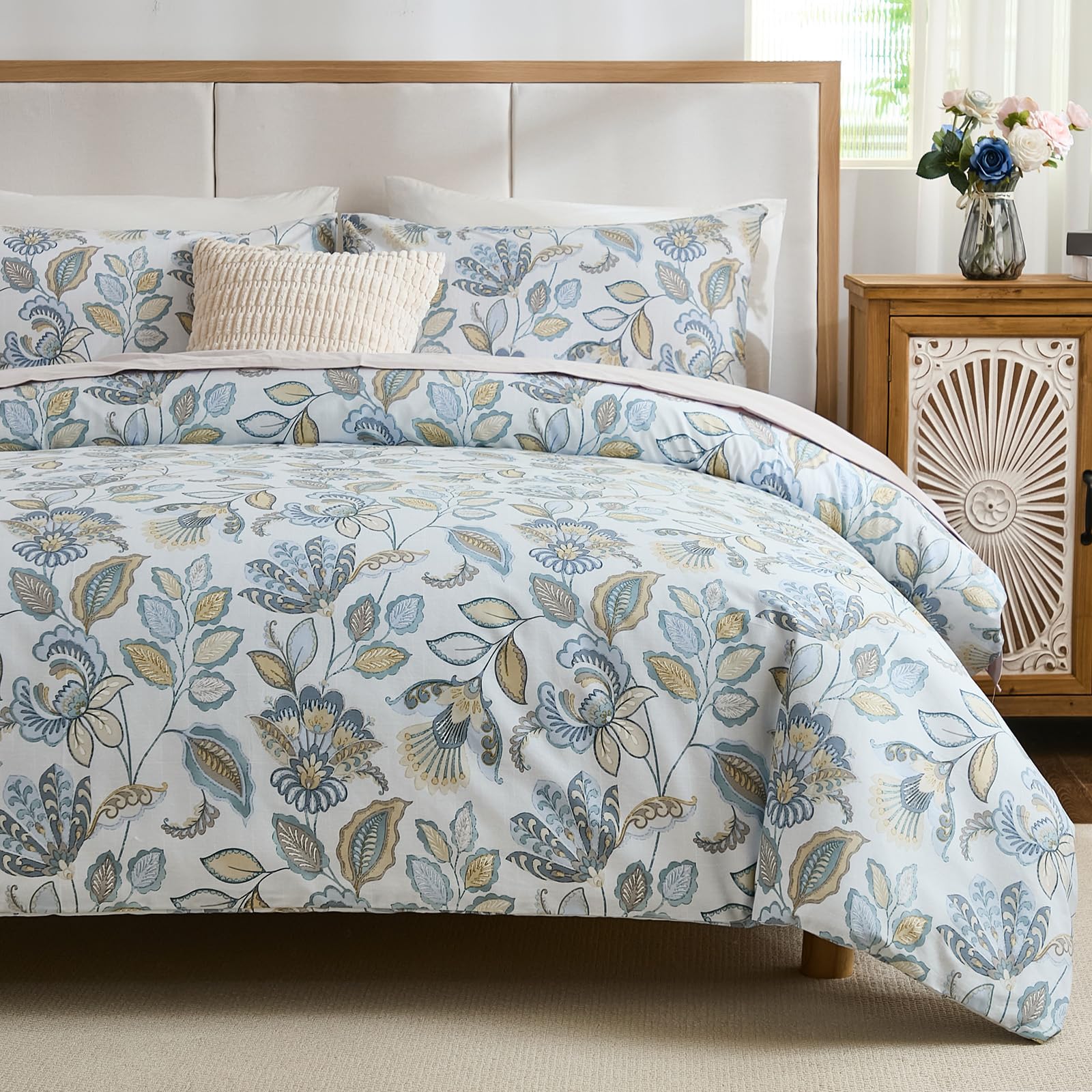 Herside Blue Floral Bedding Set Double Size 100% Cotton Botanical Coquette Duvet Cover 3 Pieces Soft & Breathable French Style Duvet Cover Set with Zipper Closure
