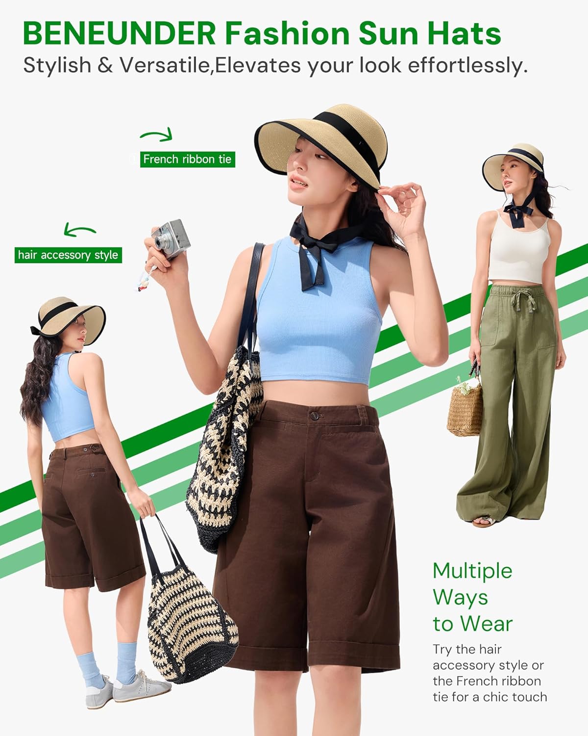 BENEUNDER Sun Visors for Women UPF50+ Foldable Wide Brim Straw Hats Packable Summer Ponytail Beach Hats for Travel - Image 3