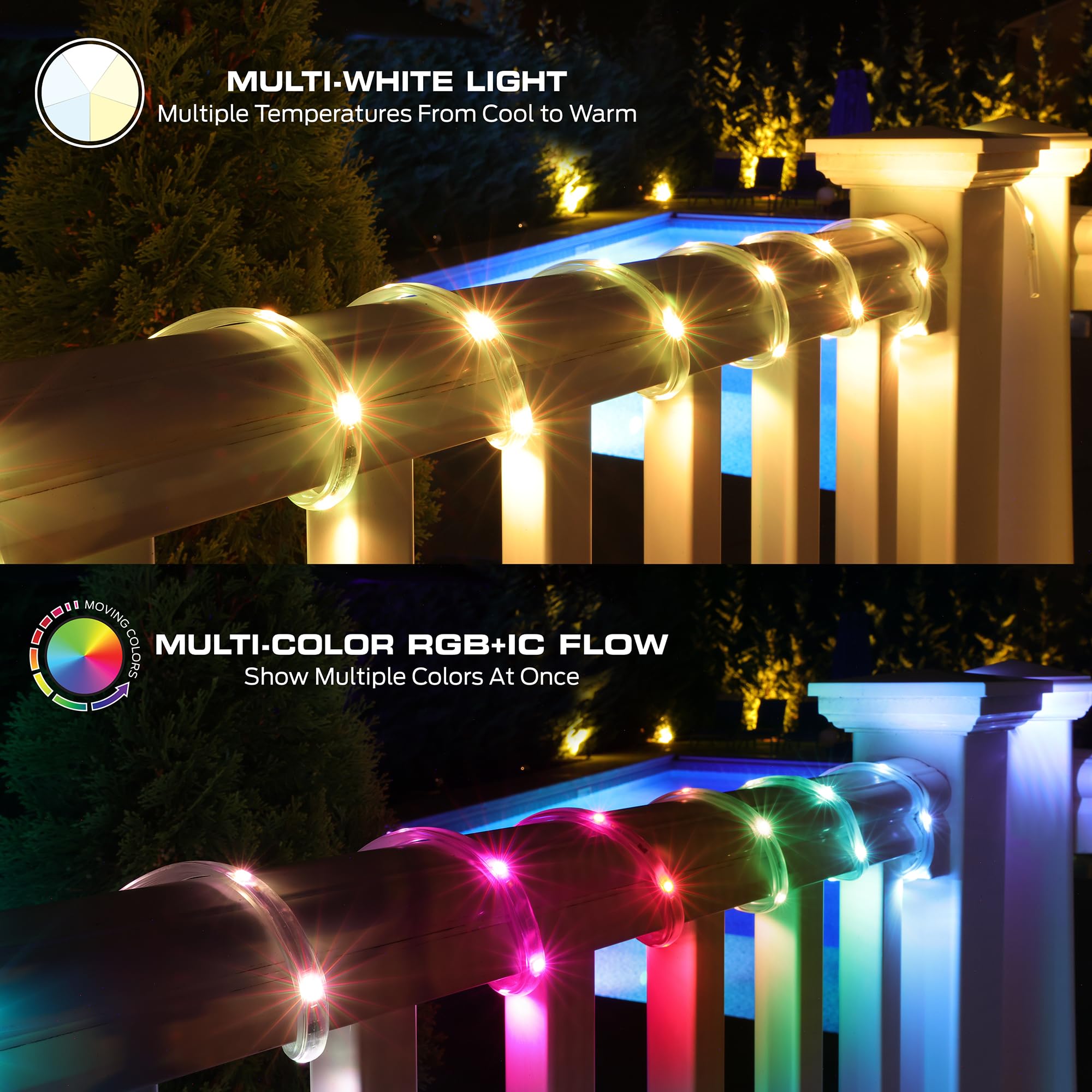 Monster Smart 50 Foot RGB+IC+WW Outdoor LED Light Strip, Sound Reactive, Dimmable, Multicolored & Multi-White, IP44 Waterproof, Weather Resistant, App Control, Compatible with Alexa, Google Home, Siri