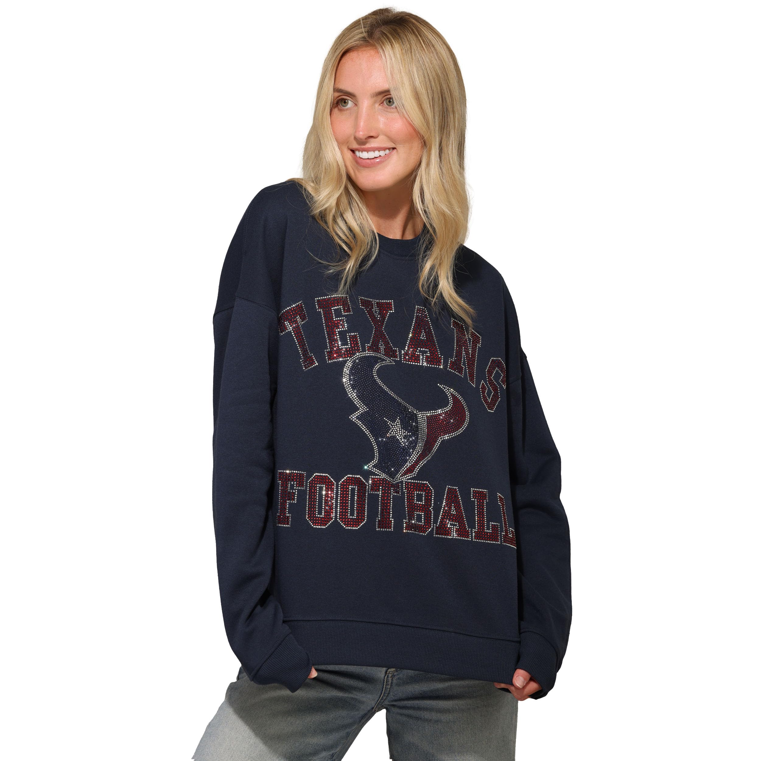 FOCO NFL womens Nfl Rhinestone Team Logo Oversized Crew Neck Sweatshirt