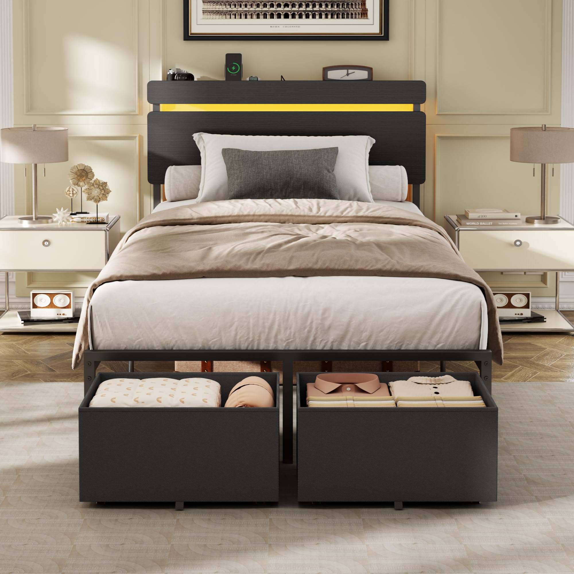Forestell Twin Bed Frame with Wood Headboard, 2 Storage Drawers & Shelf