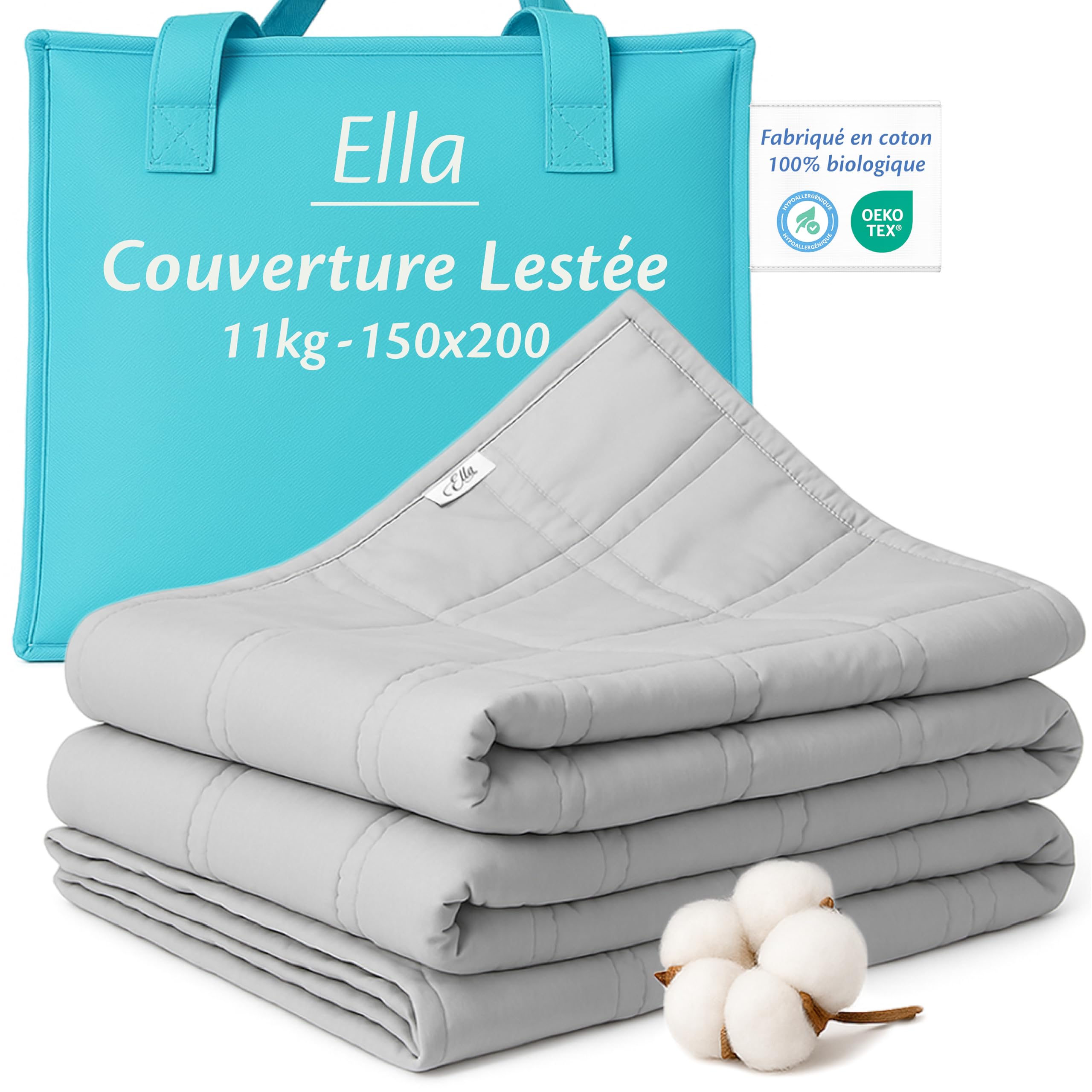 Ella Couverture Lestée Adulte 150x200cm 11kg - Couverture Pondérée Relaxante & Calmante - 7 Couches, Perles de Verre Hypoallergéniques, Couche Externe Coton Doux & Rafraîchissant - Weighted Blanket
