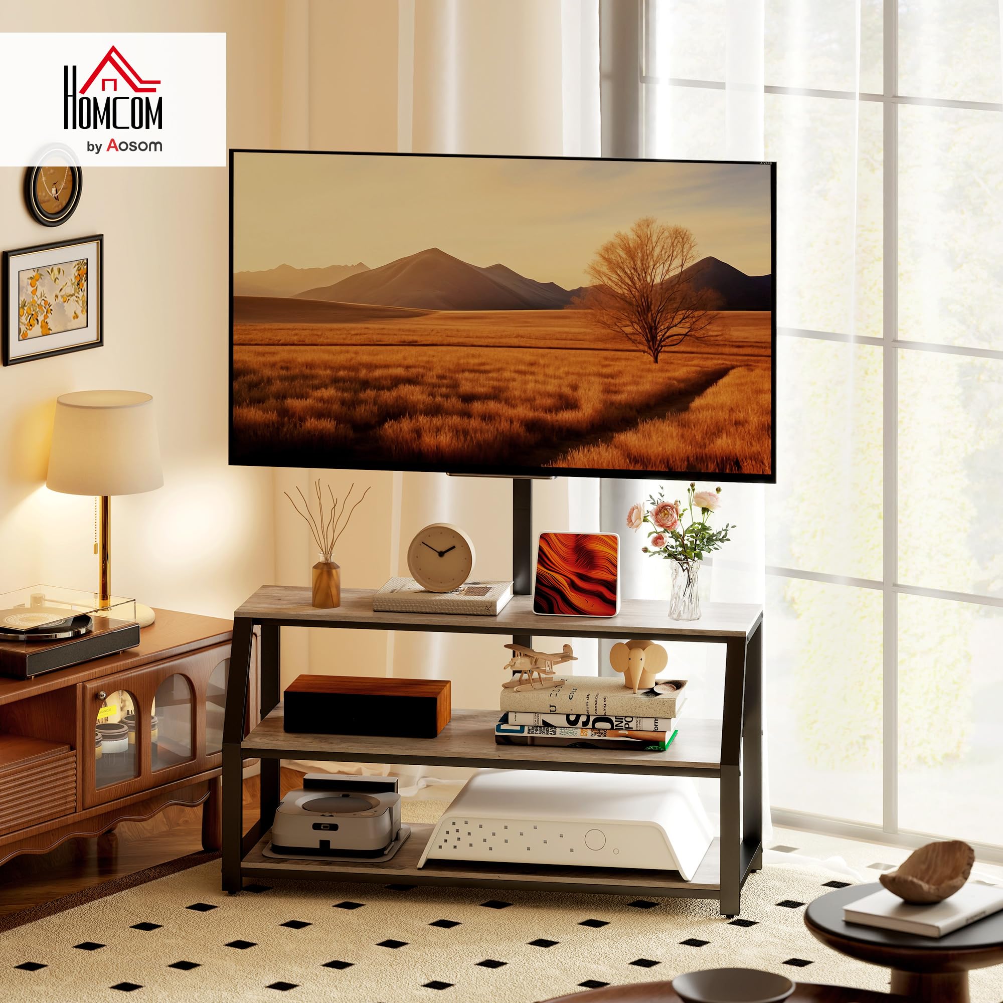 HOMCOM Meuble TV 110 cm avec Support pour Téléviseurs 72 Pouces, Gris | Meuble Télé, 2 Étagères Ouvertes, Cadre en Métal, Banc TV, pour Salon, Chambre