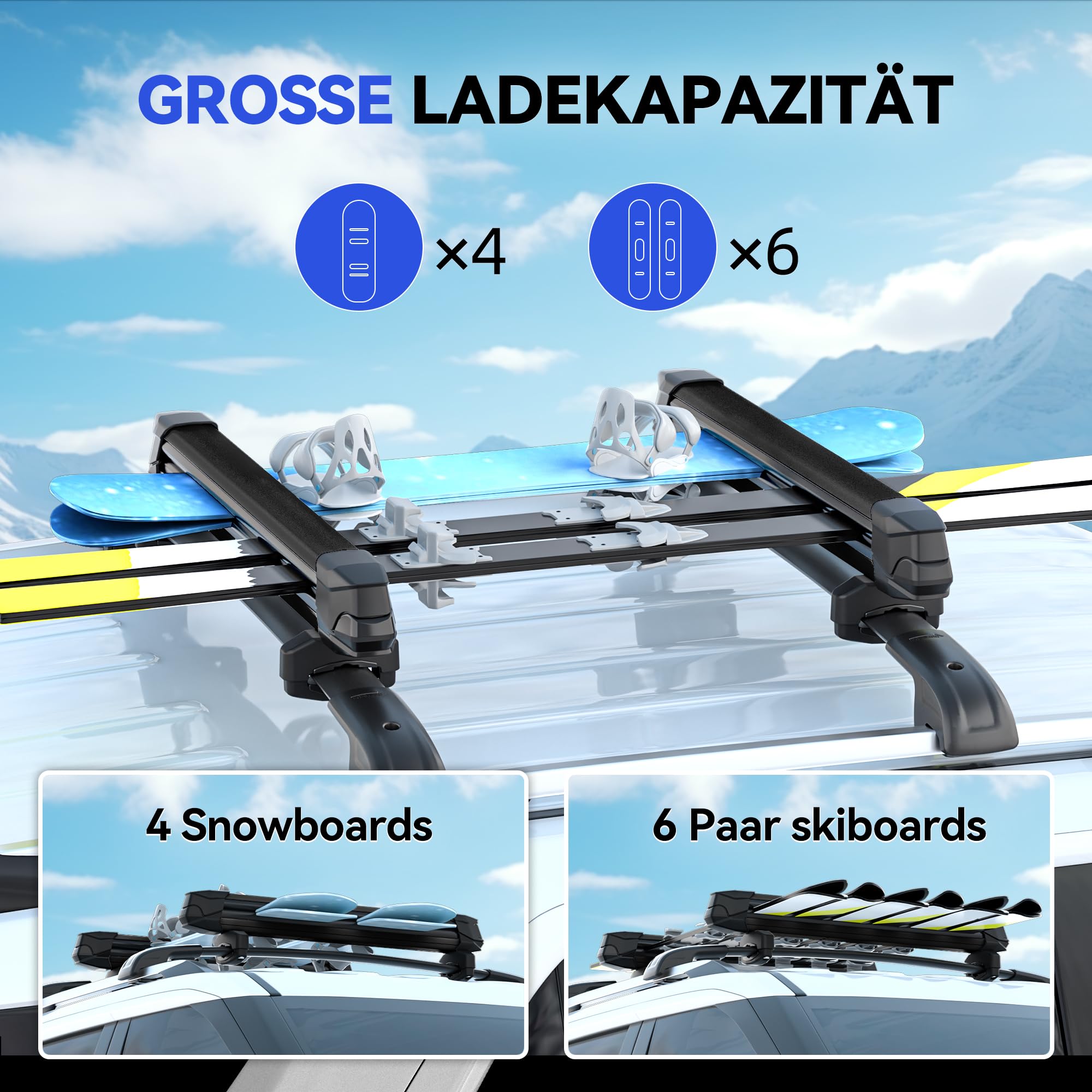 Ski- und Snowboard-Dachträger, Universal-Skiträger, mit Anti-Diebstahl-Schloss, 28'' Passend für 6 Paar Skier/4 Snowboards, Passend für Square/Round/Aero/Oval Cross Bars, eisenhaltig