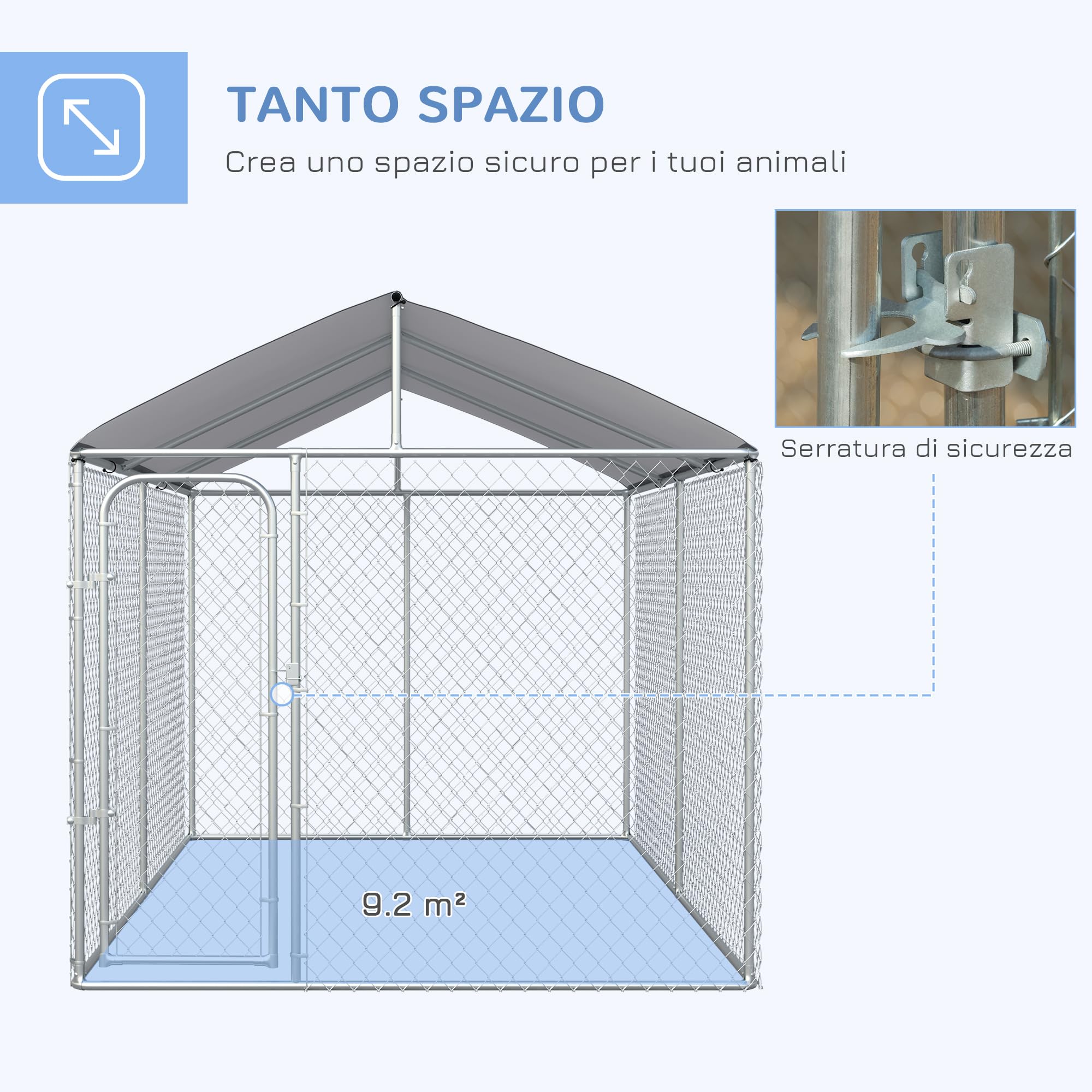 PawHut Kennel per Cani in Metallo Galvanizzato con Tettuccio in Tessuto Oxford, 400x230x232cm, Argento