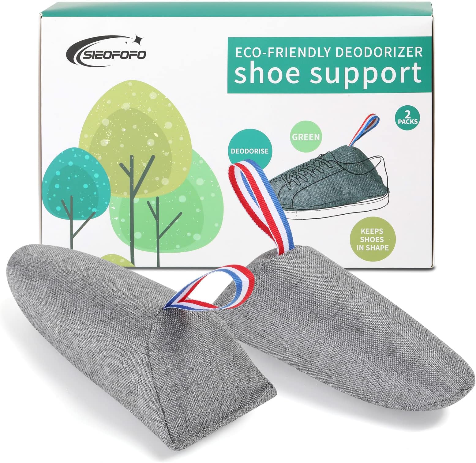 SIEOFOFO Deodorizing shoe support， Bamboo Charcoal Air Purifying bags，Deodorized shoe last，Natural Deodorizing Inserts for Shoes， Shoe deodorizer, charcoal bags odor absorber (2 pieces 2*200g)