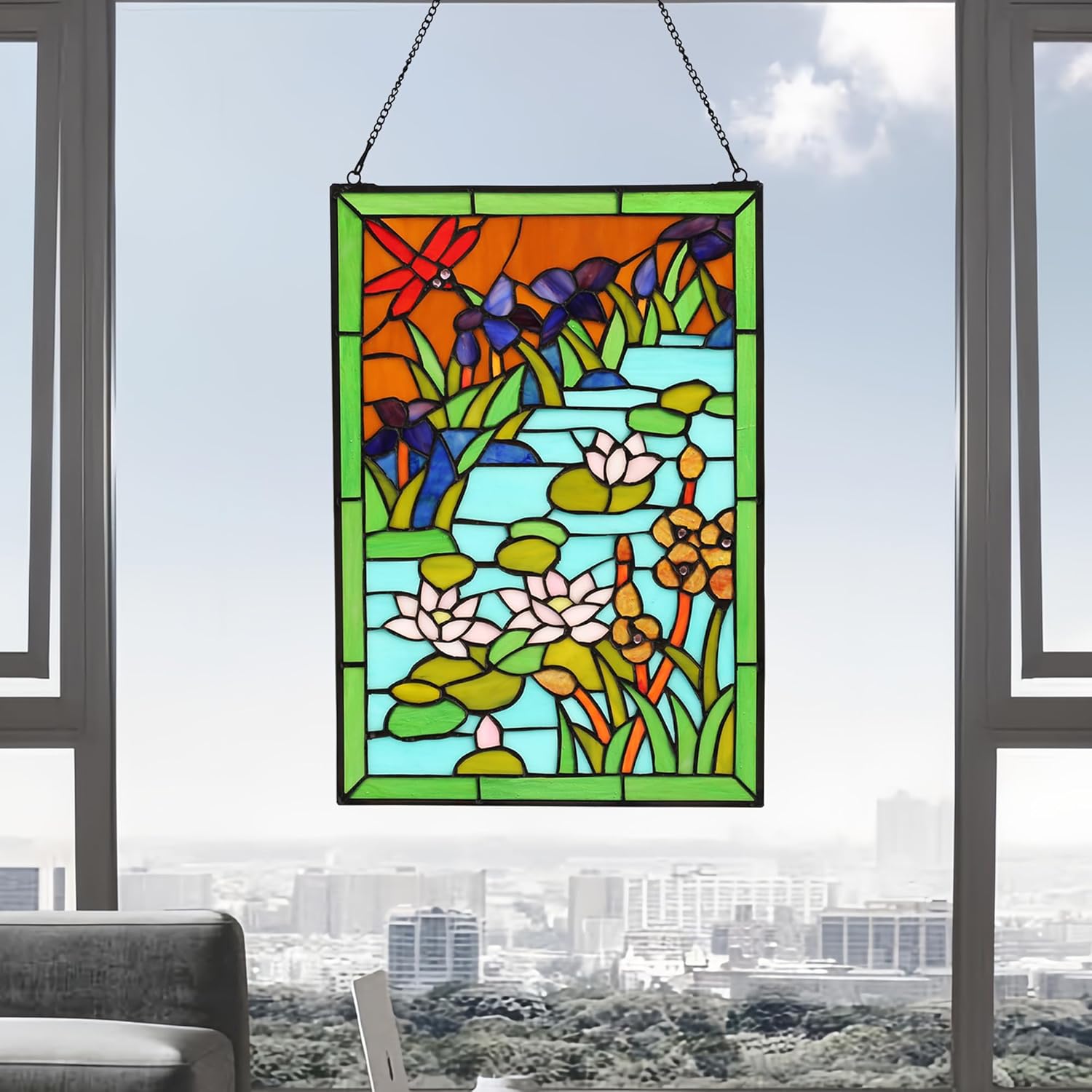 Dragonfly Stained Glass Window Hanging 16"H x 11"W Tiffany Style Pink Lotus Rectangular Window Panel Perfect for Living Room Bedroom Kitchen Window Decoration Hangings With Chain