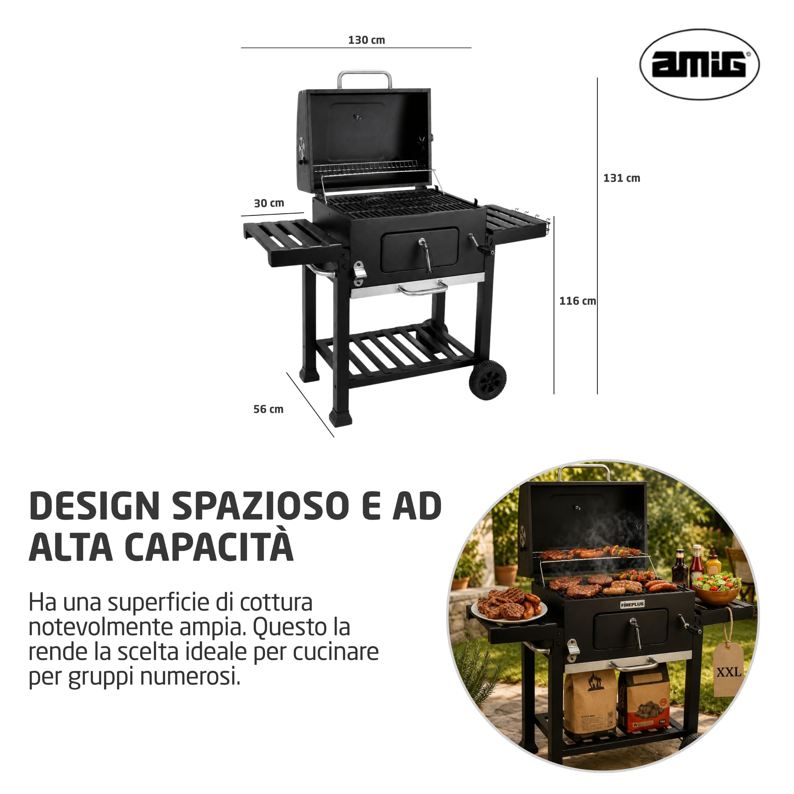 Amig - Barbecue portatile a carbone Fireplus - Con ruote e ripiani laterali - Sistema di ventilazione e cassetto raccogli cenere - Griglia in acciaio 57 x 42 cm - Dimensioni: 116,5 x 13,1 x 56 cm