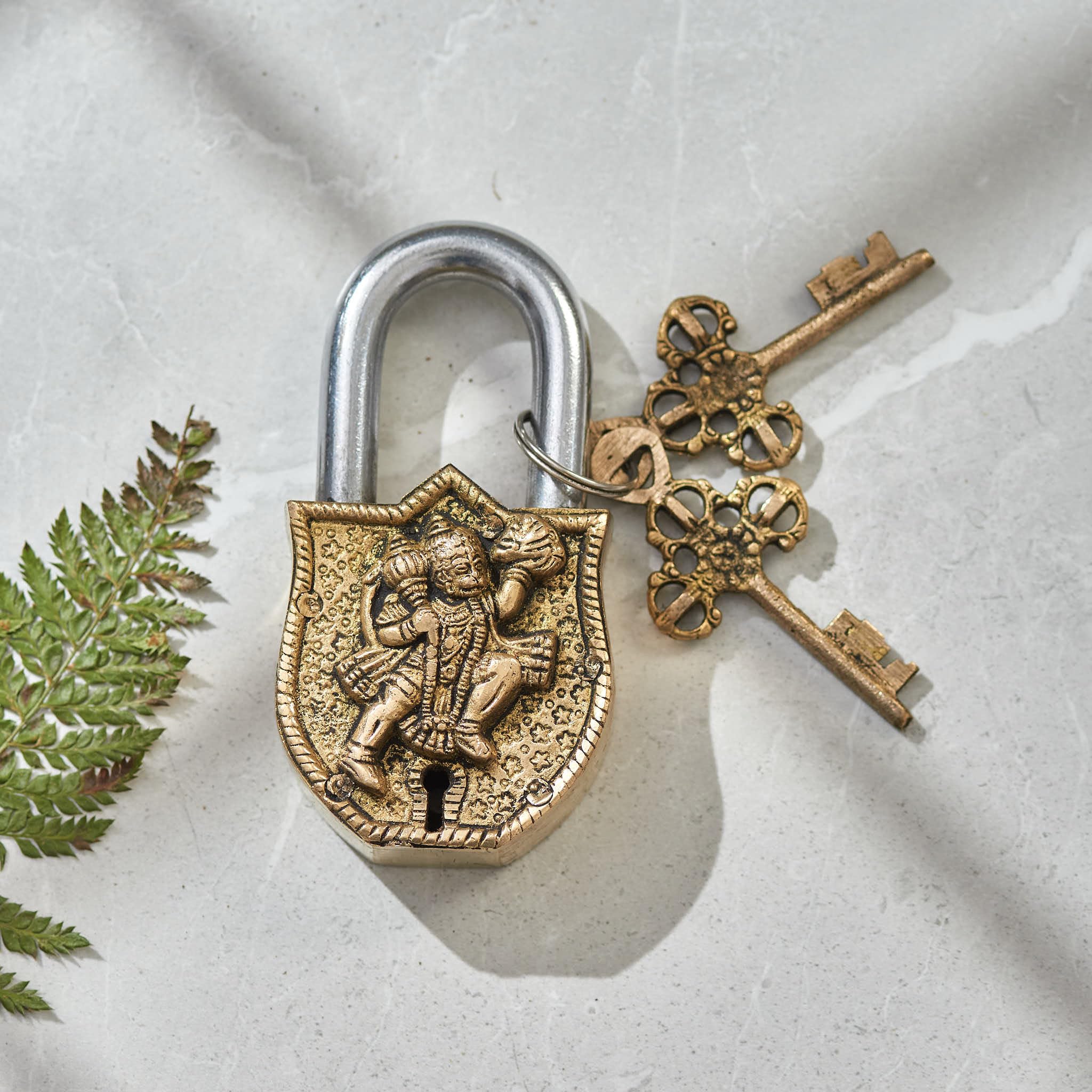 Vintage Style Antique Brass Hanuman Security Lock with 2 Keys, Hanuman Lock | Home Temple Office Home Decor Gift Item