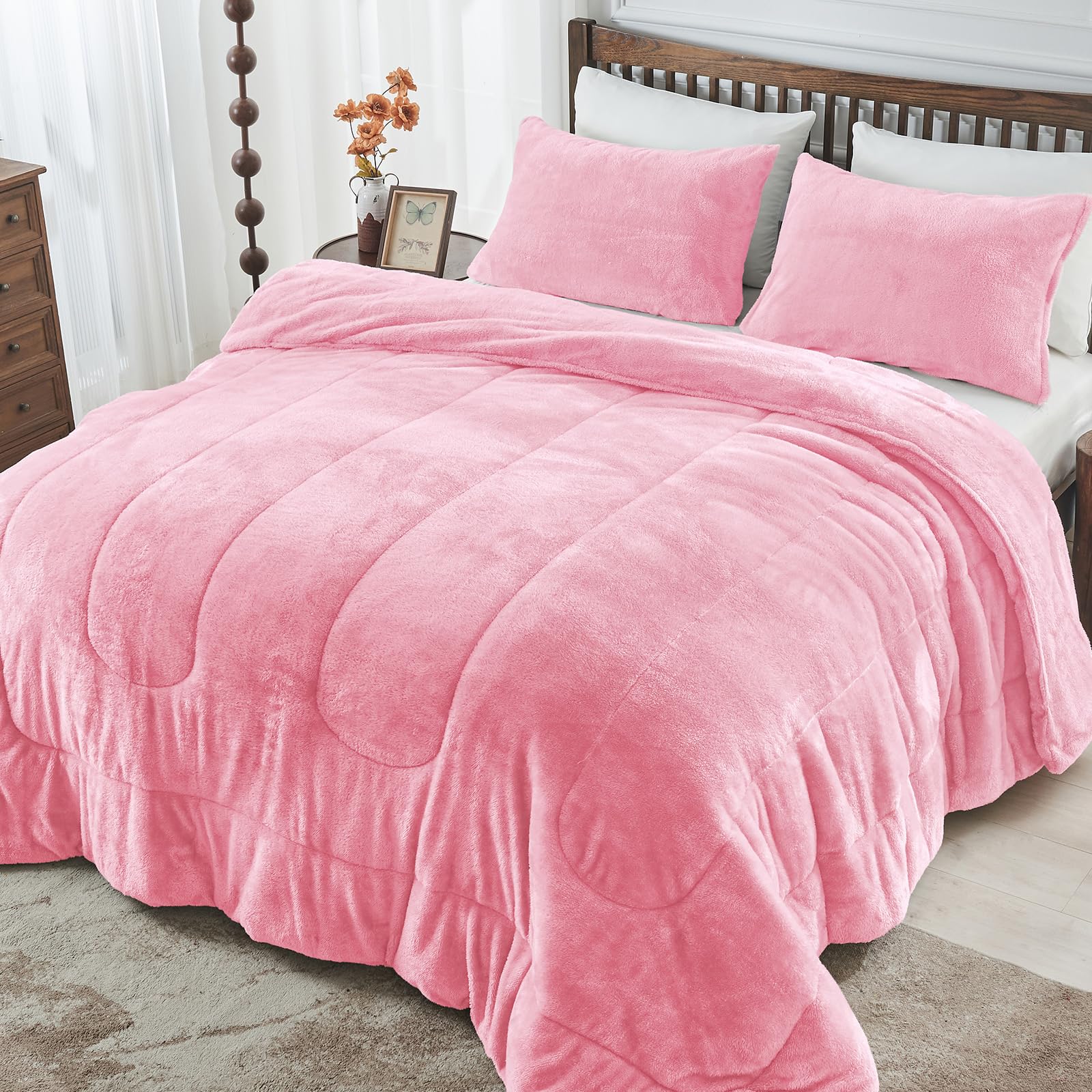 Faux Fur Queen Comforter Set, Super Soft Double-Sided Fuzzy Bedding Comforter Sets, 3 Pieces Cozy Warm Fluffy Plush Bed Comforter for Winter, Non-Shedding (90"x90", Pink)