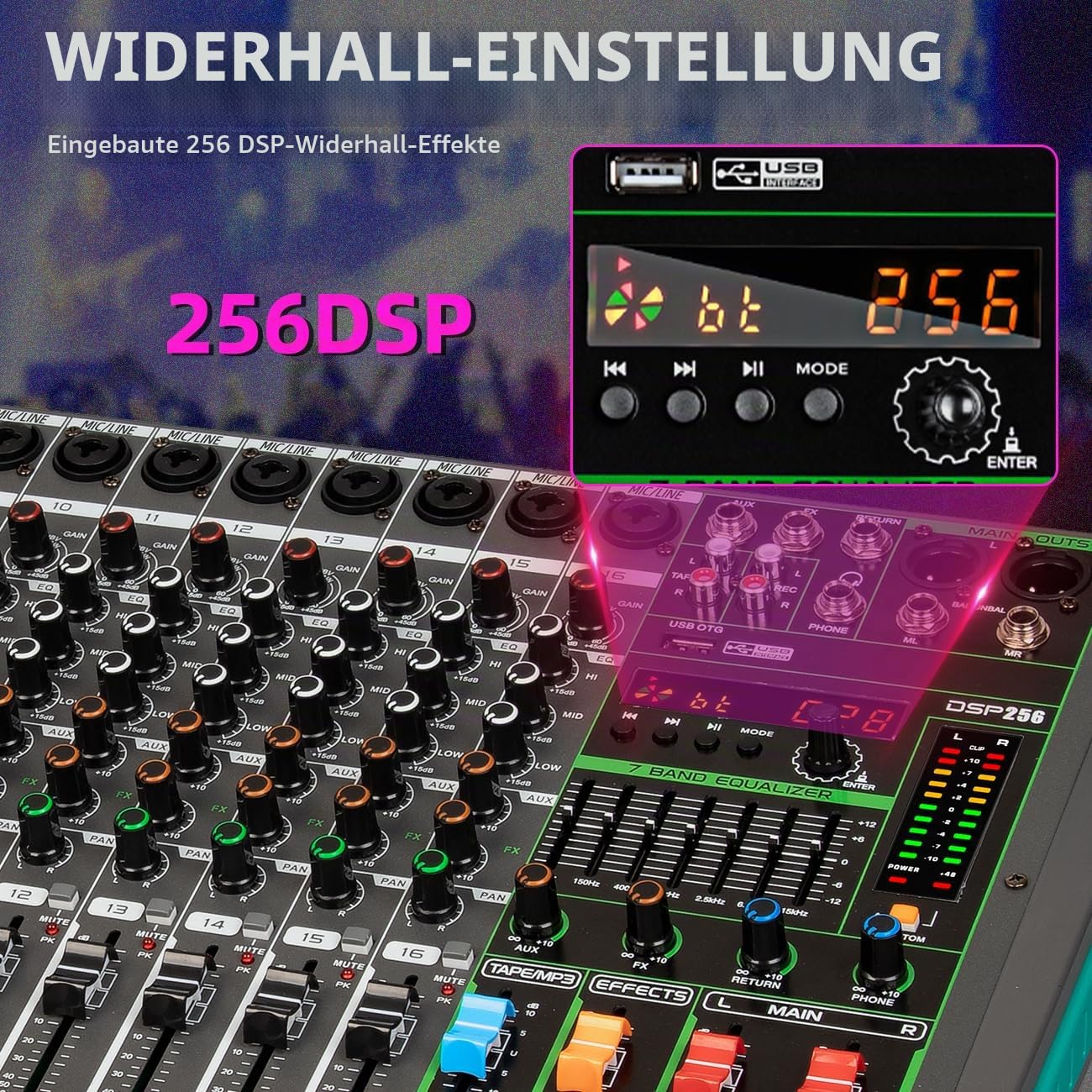 Depusheng PA16 Professional Audio Mixer Soundboard Konsole Schreibtischsystem Schnittstelle 16 Kanal Digital USB Bluetooth MP3 Computereingang 48V Phantomspeisung Eingebauter 256 Reverb Effekt