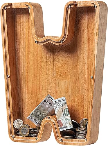 Miniatura 357 de Alcancía para niños y niñas, alcancía grande de madera personalizada con diseño recortado, bancos de monedas con letras del alfabeto, caja de ahorro